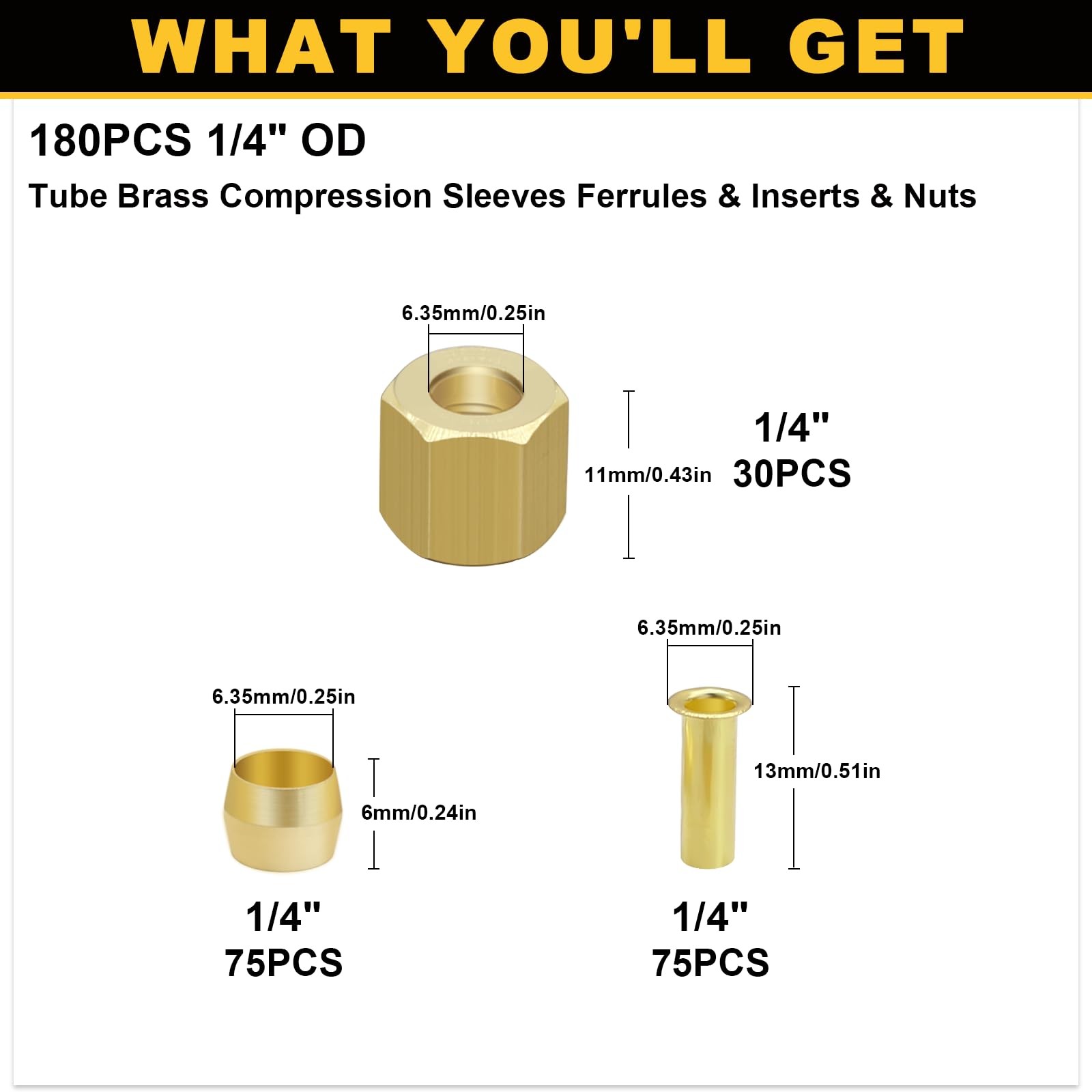 Brass Compression Fittings Kit 180 PCS 1/4 inch Sleeves Ferrules Inserts