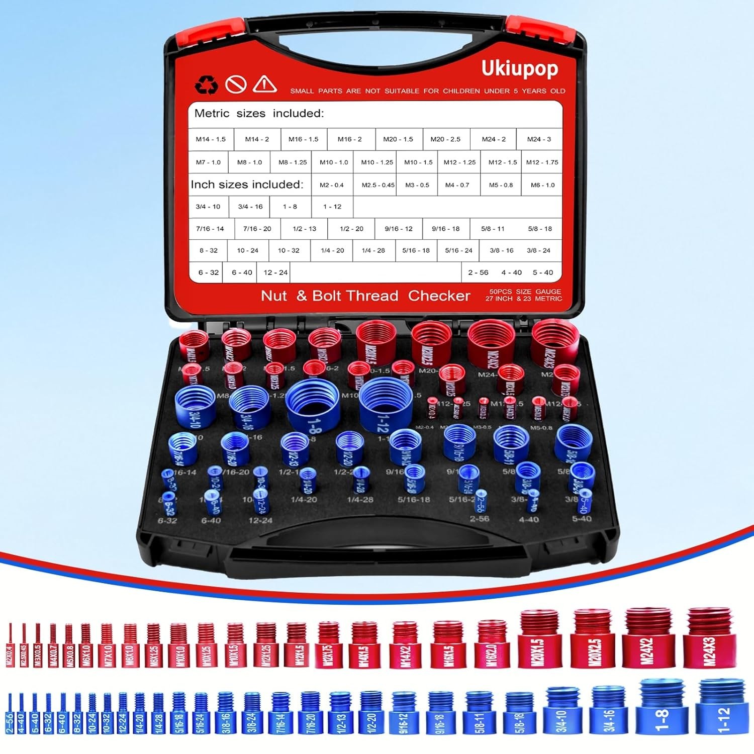 50Pcs Nut and Bolt Thread Checker 23 Metric + 27SAE Inch Thread Gauge Set, Deta