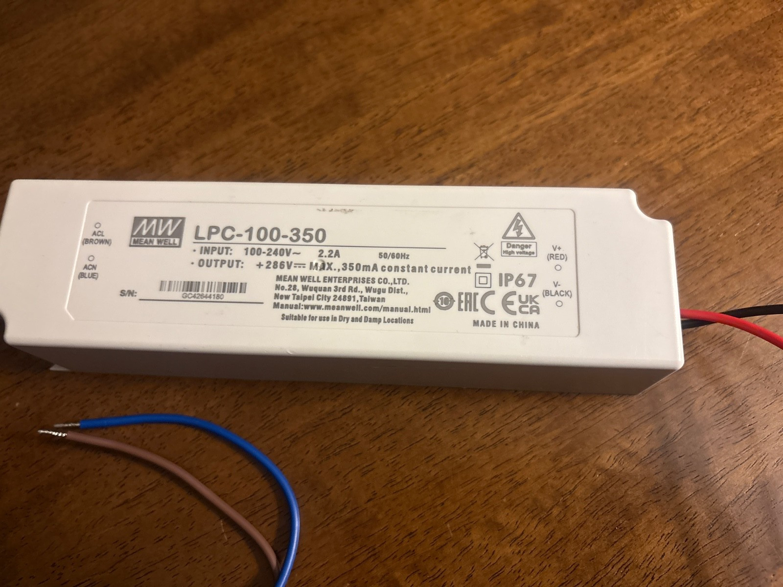 1Pc MEAN WELL LPC-100-350 286V Max 350mA constant current