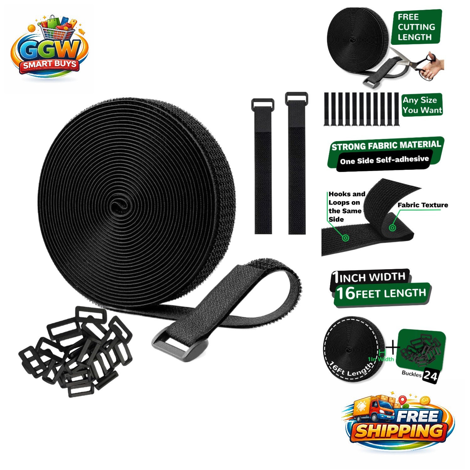 Customizable Cable Management Straps 1in x 16ft with 24 Hook & Loop Fasteners