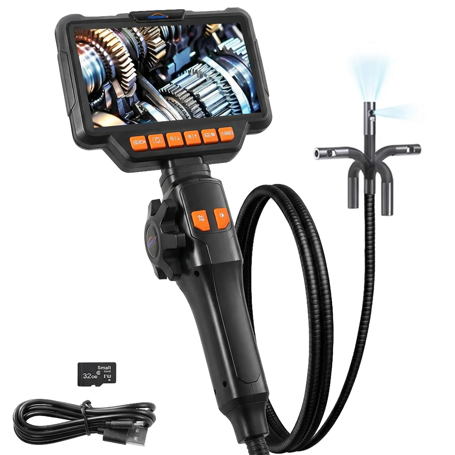 4.9FT Dual Lens Articulating Borescope Camera with 5″ IPS Screen, 720P HD