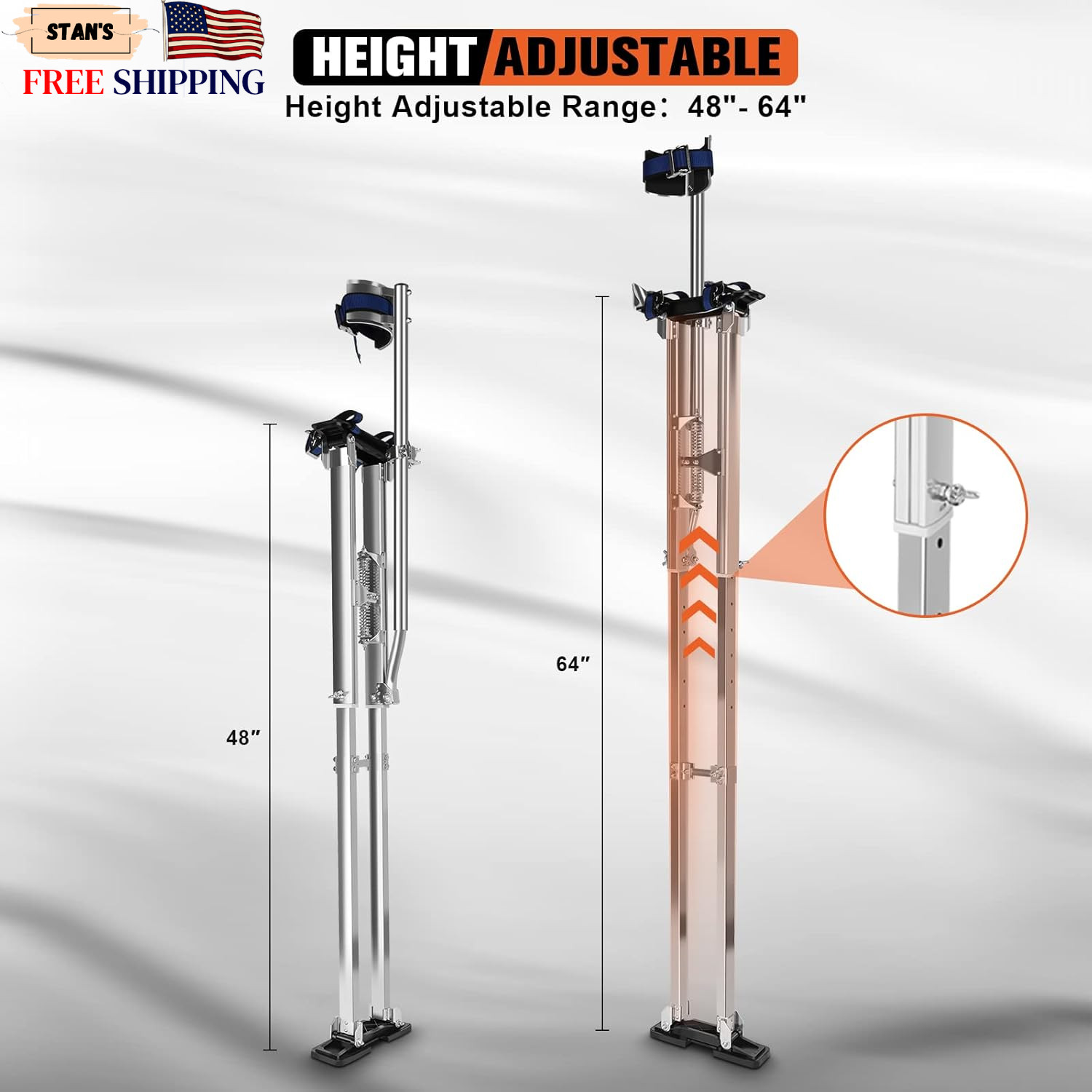 48″ 64″ Drywall Stilts for Adults Height Adjustable Aluminum Work Stilts with