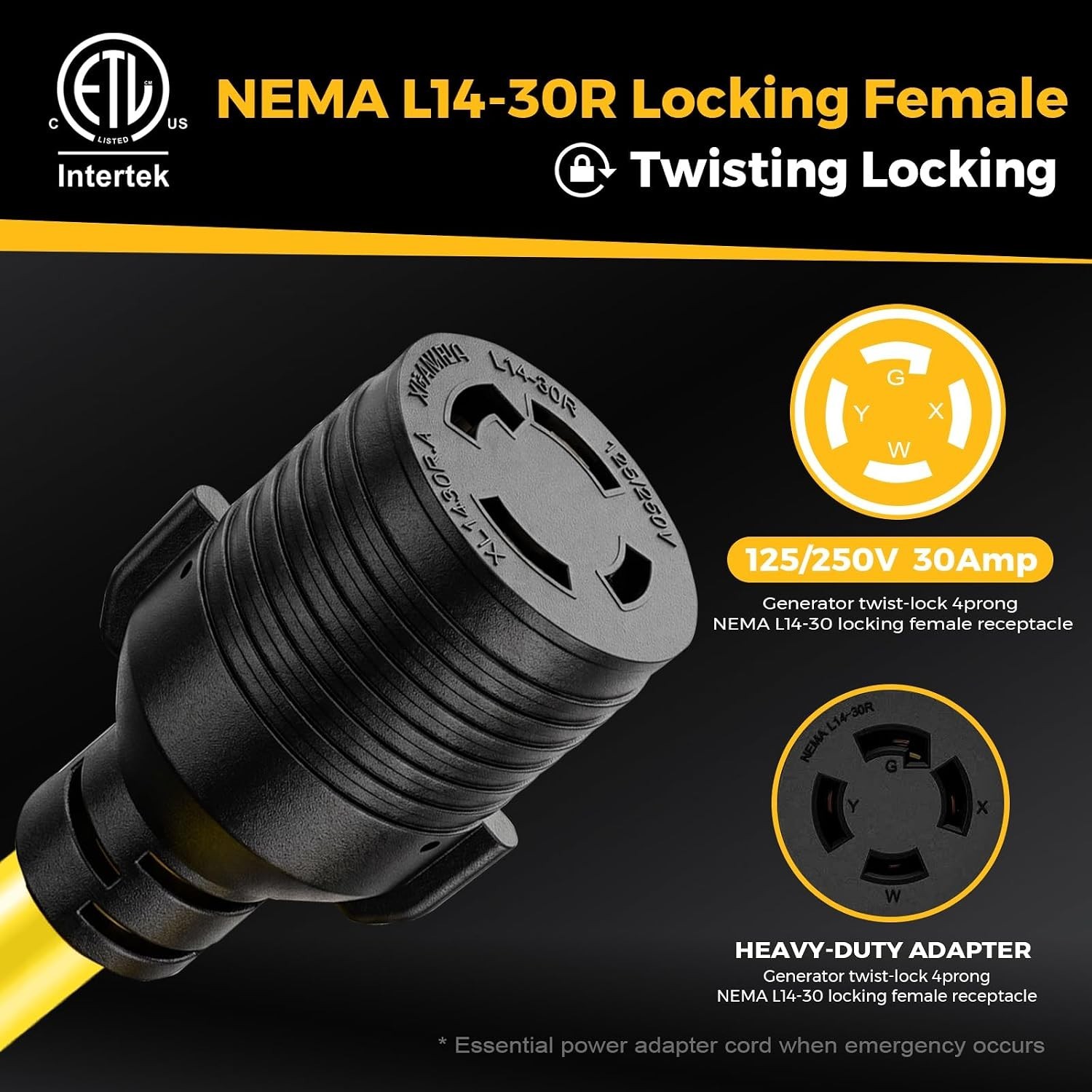 NEMA TT-30P to L14-30R Generator Adapter Cord, 30 Amp 3 Prong to 4 Prong Generat