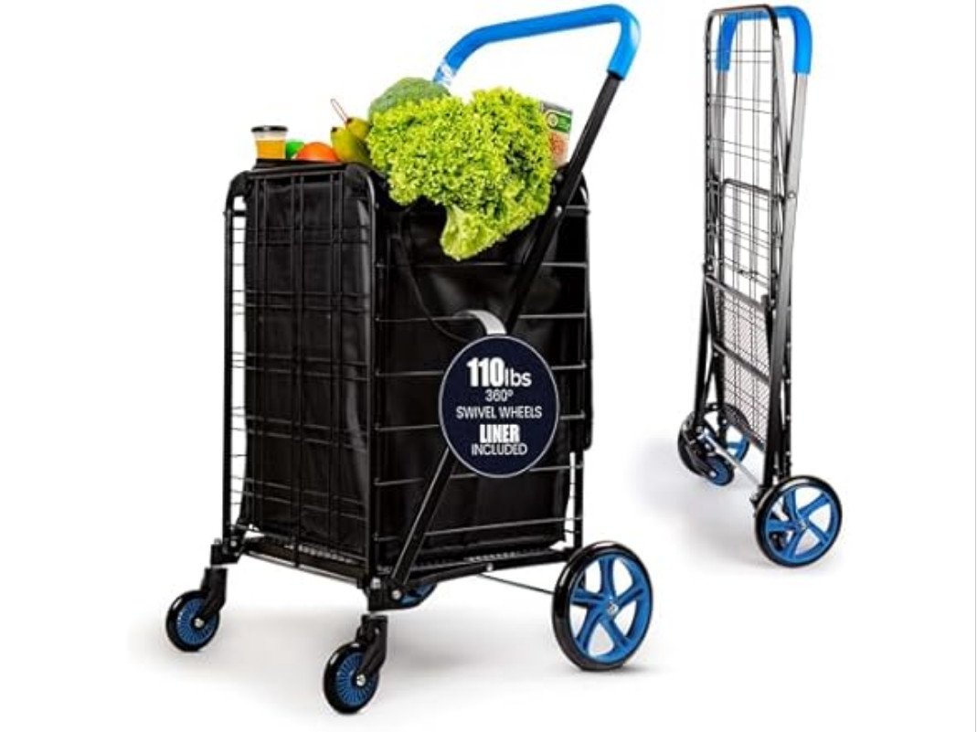 SereneLife Large Folding Utility Cart w/ Removable Liner – Blue – Heavy Duty, Ne