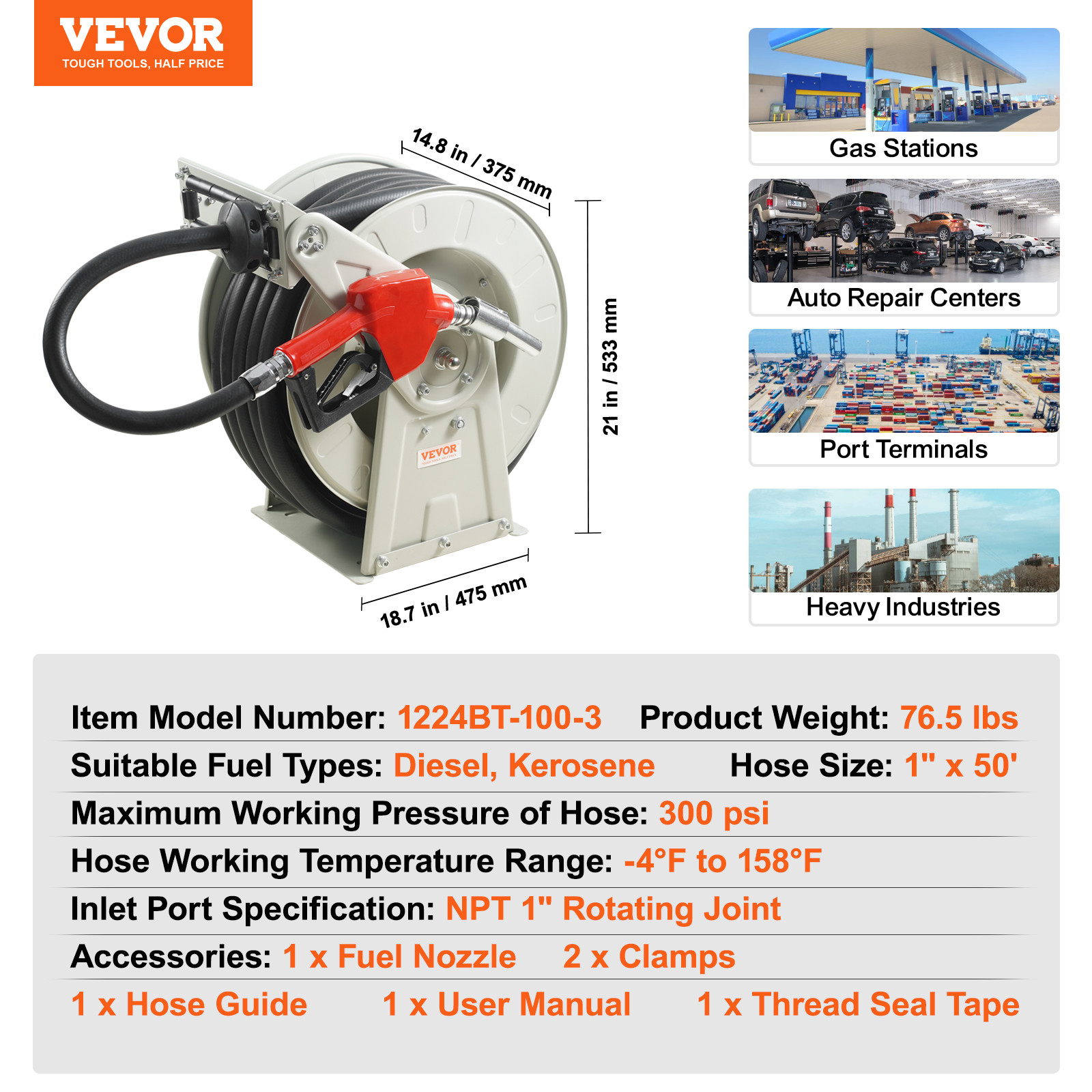 VEVOR Fuel Hose Reel Retractable Diesel Hose Reel 1″ x 50′ Auto Refueling Nozzle