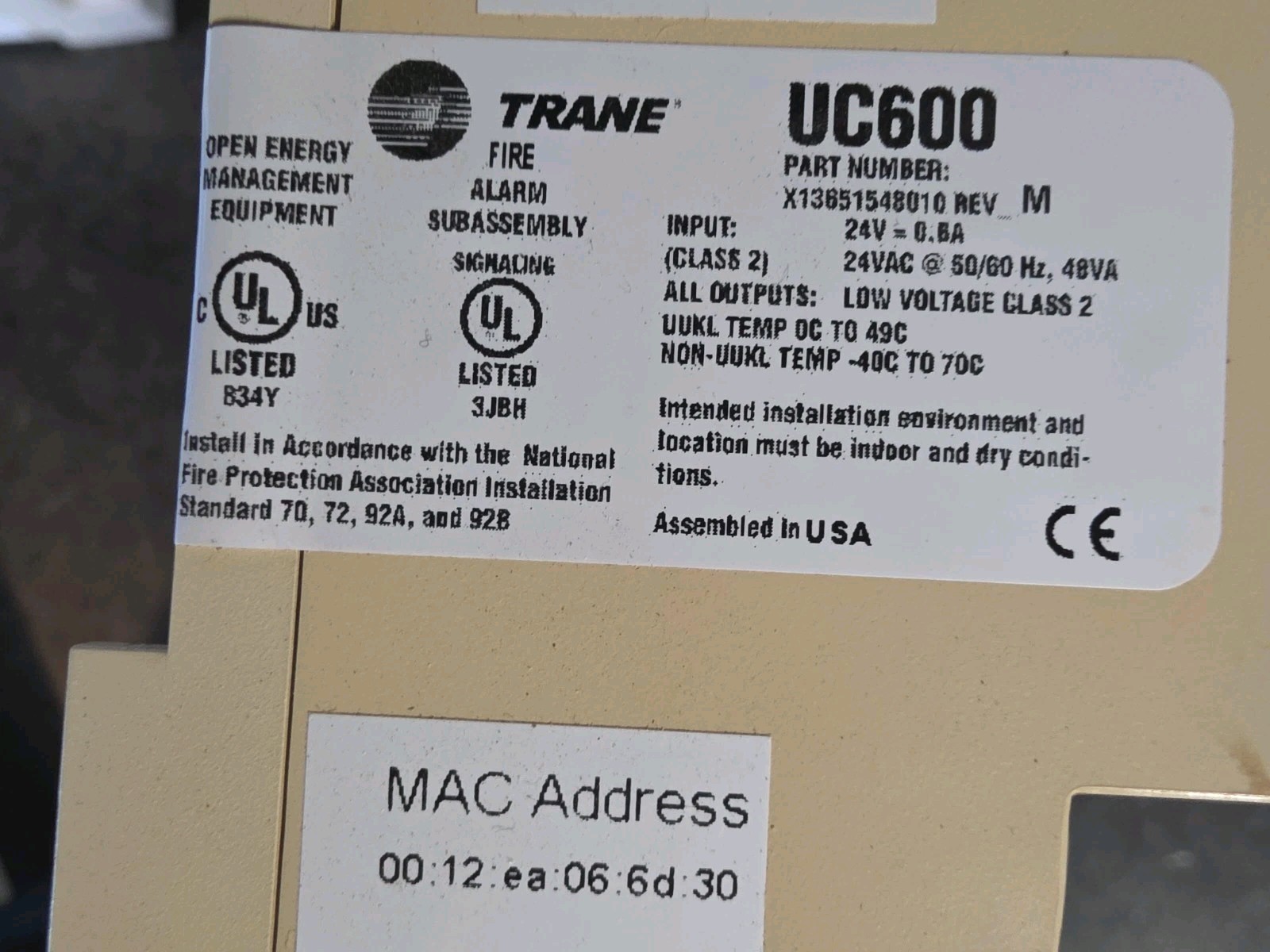 Trane Tracer UC600 Programmable Controller X13651548010 Rev M HVAC BACnet