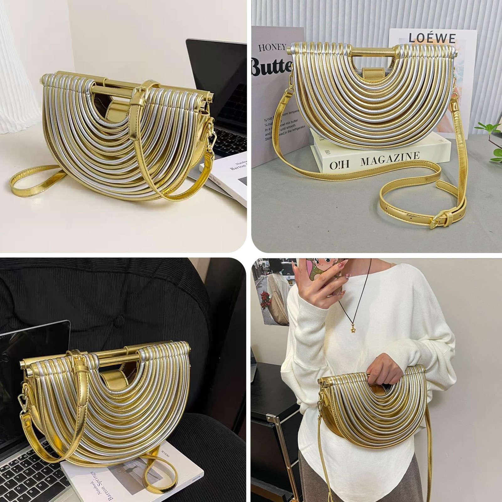 Trendy Woven Evening Clutch Purse Half Round Designer Shoulder/Crossbody Bag …