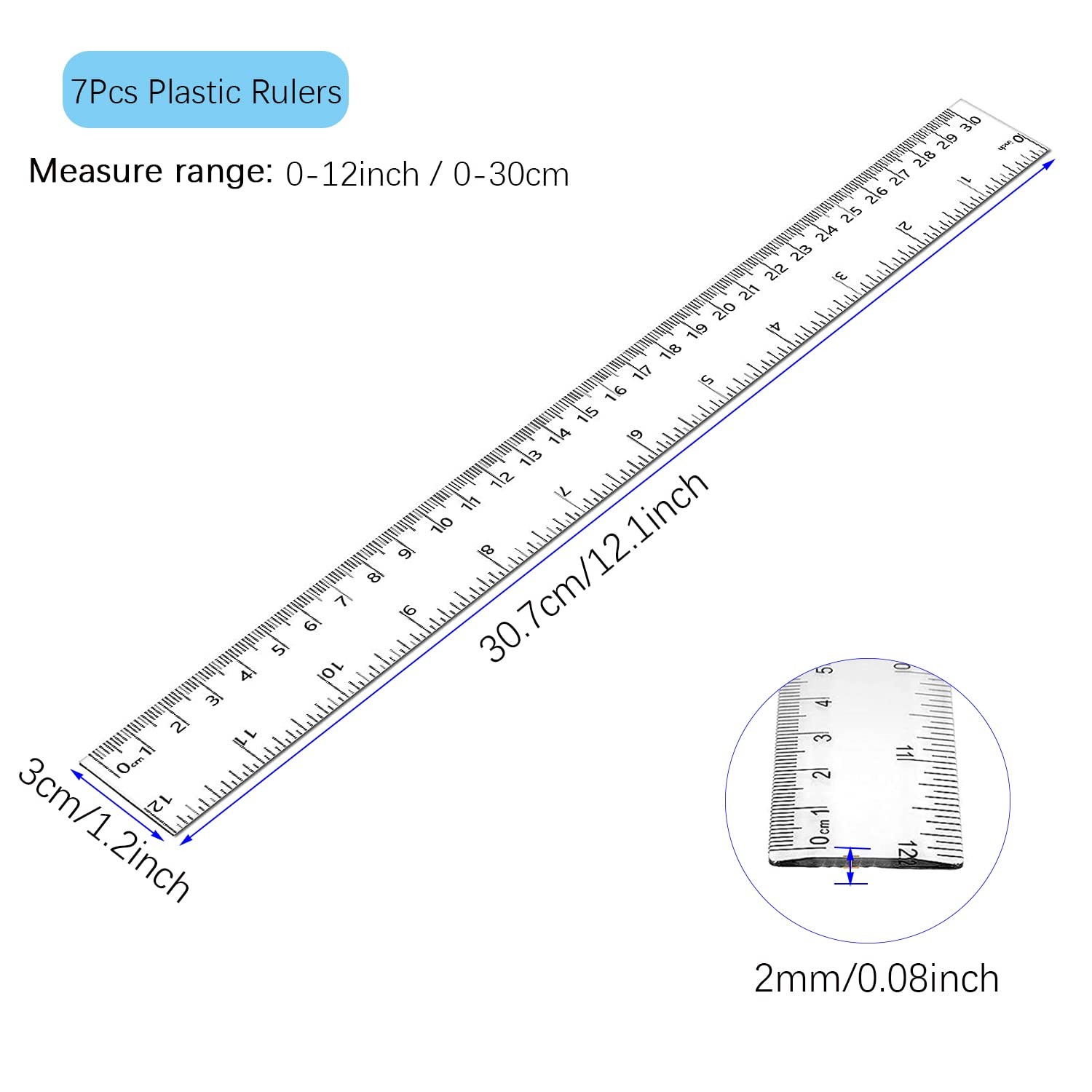 【Individually Wrapped】- 7 Pack Clear Plastic Ruler 12 inch, Transparent