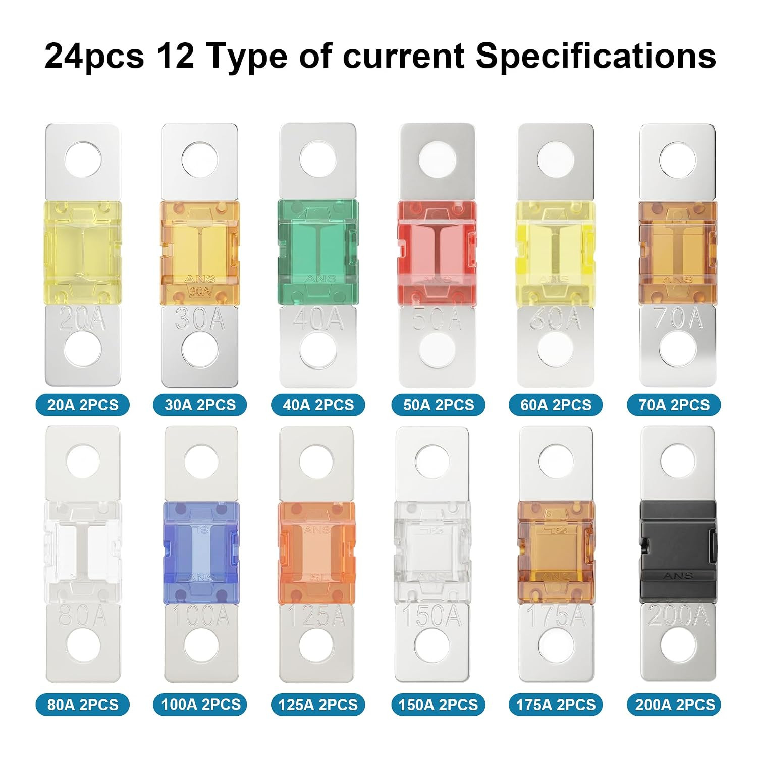 24PCS AMI Midi Fuse Kit, DC 32V High Current Bolt-On Mini Fuses | (20A,30A,40A,5