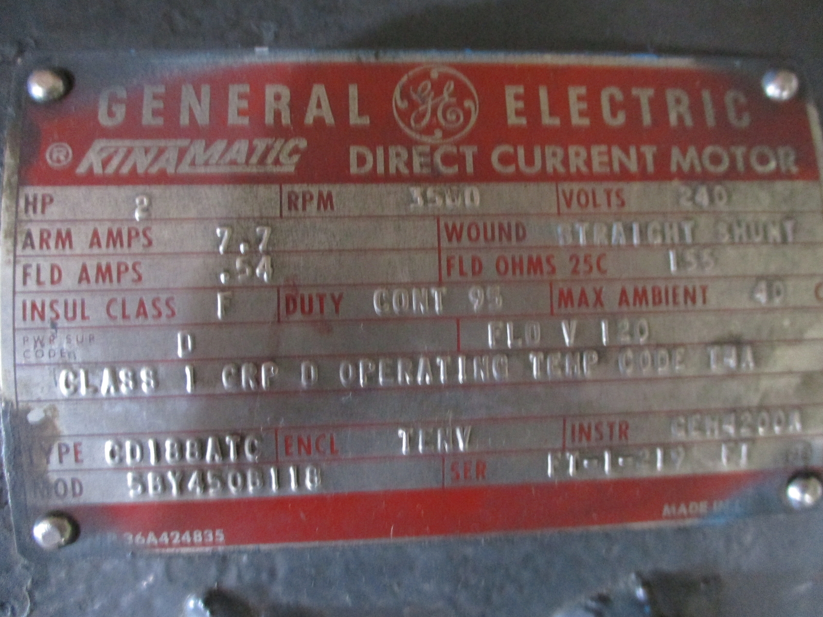 GENERAL ELECTRIC 5BY450B118 TYPE CD188ATC KINAMATIC DIRECT CURRENT MOTOR 2HP