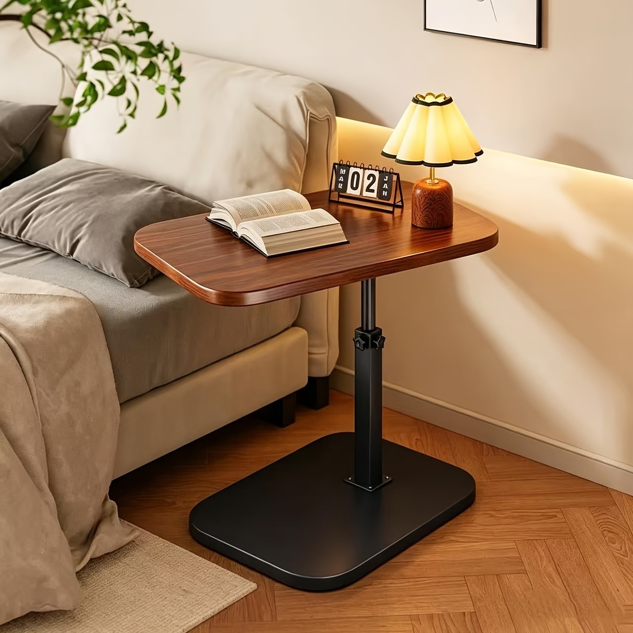 Walnut C-Shaped Sofa Bed Tray Table – Multi Functional Armrest Side Table