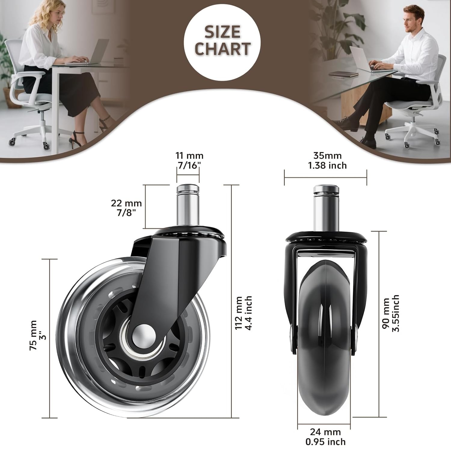 Heavy Duty 3 Inch PU Office Chair Wheels for Hardwood Floor Protection 5 Pack