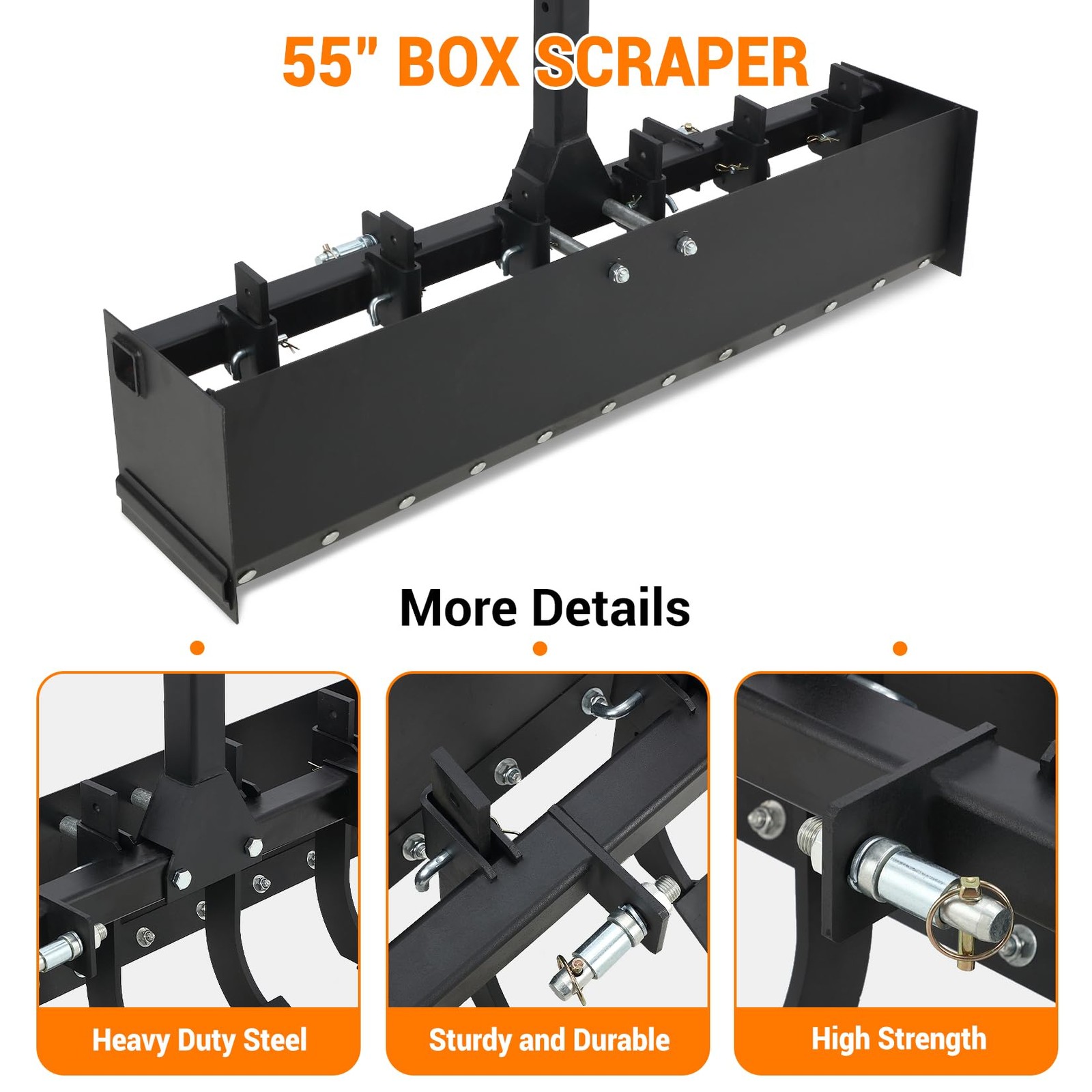 3 Point Hitch Powder Coated Steel 55″ Box Blade Scraper W/6 Shank For fit Cat 1