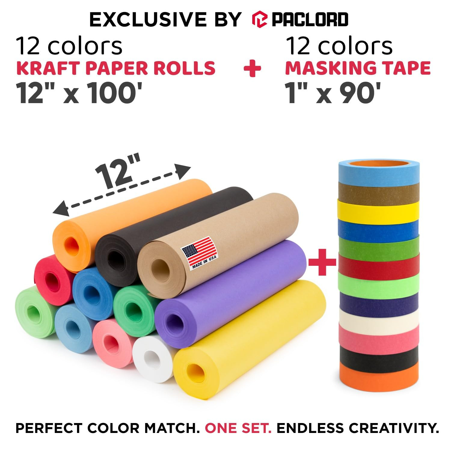 12 Rolls of 12″ X 100′ Colored Kraft Paper and 12 Rolls of Colored Masking Tape