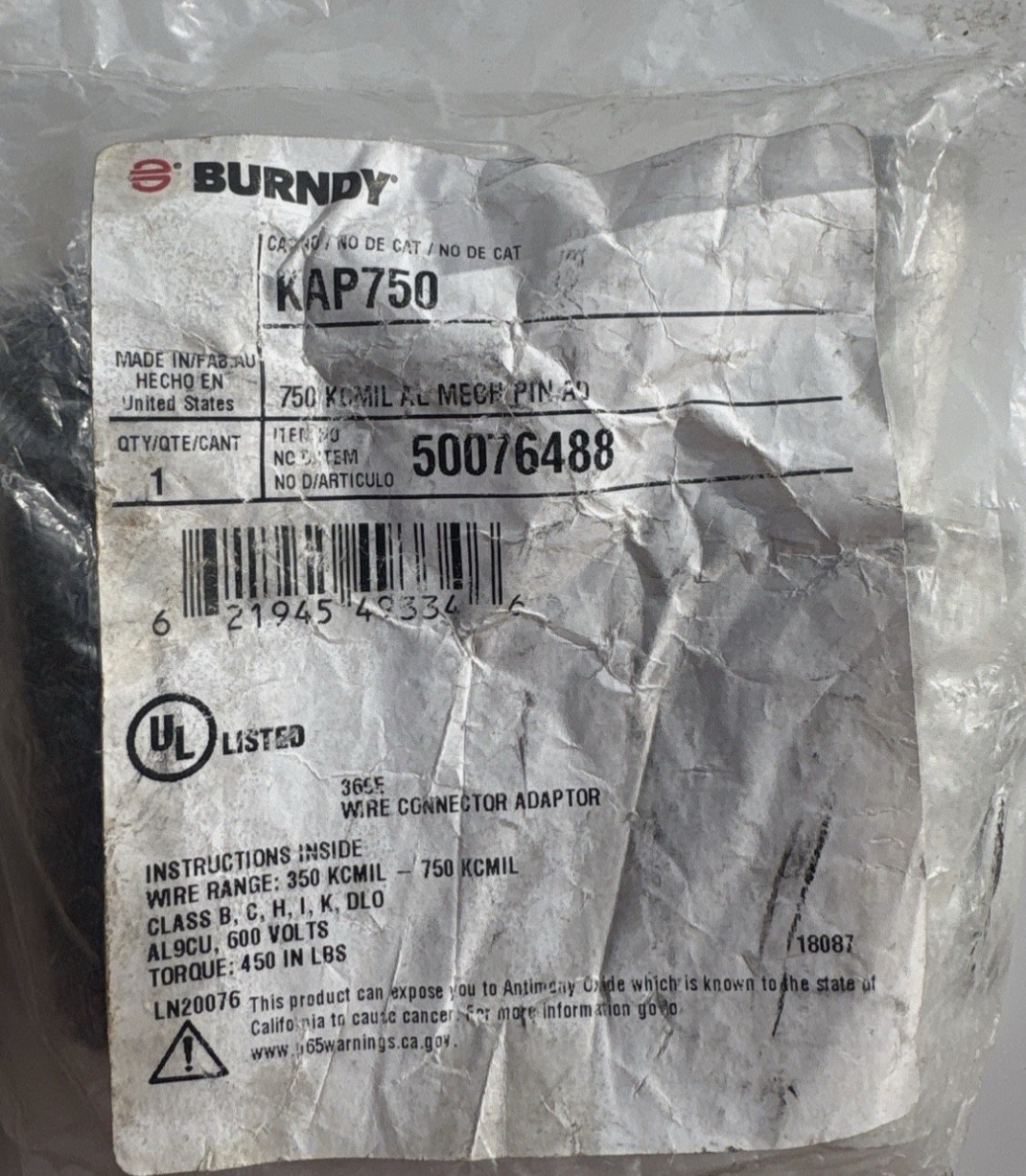 Burndy KAP750 750 KCMIL Aluminum Mechanical Pin Adapter Connector 50076488