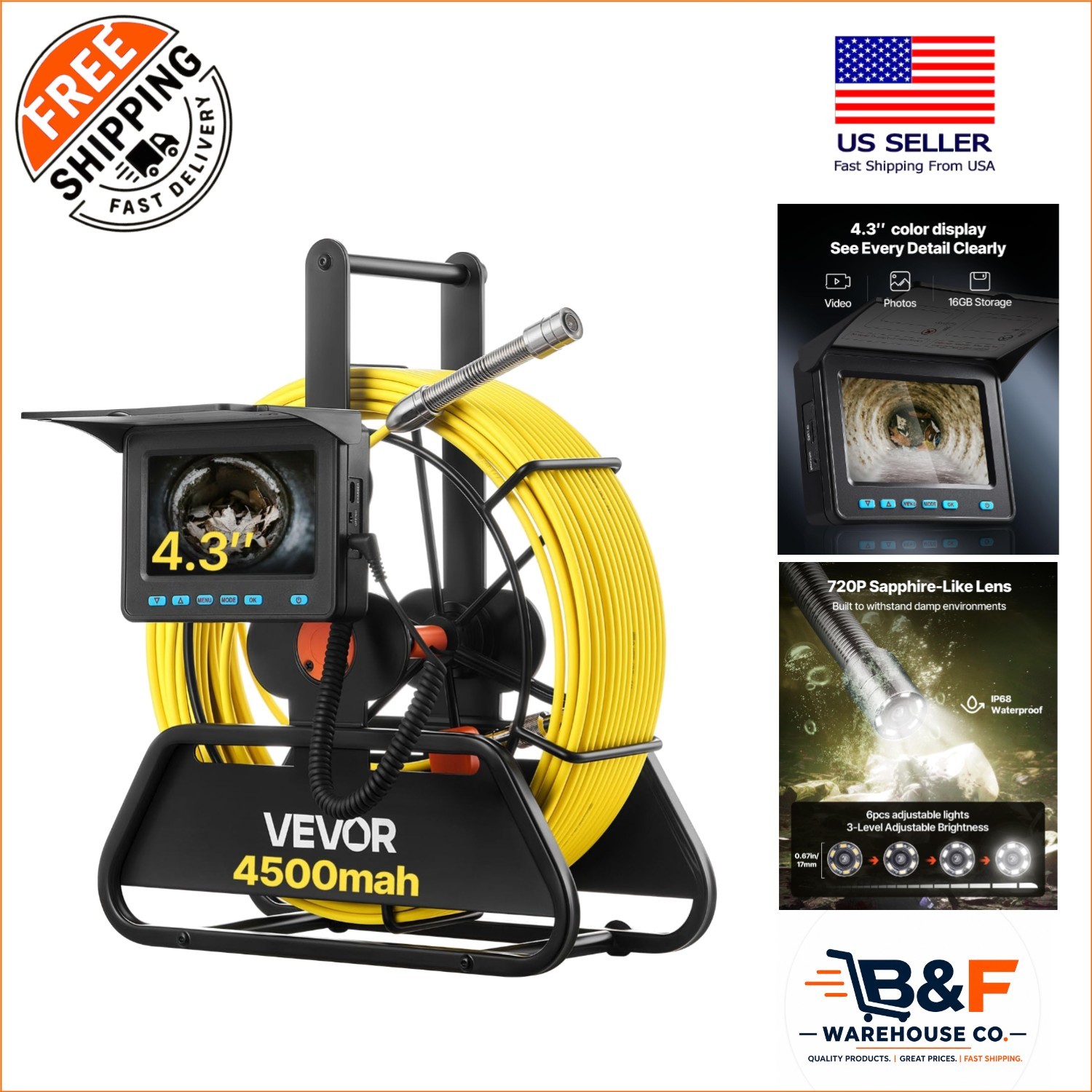 4.3» Drain Inspection Camera with 6 LEDs & 4500mAh Battery for Pipe Inspections