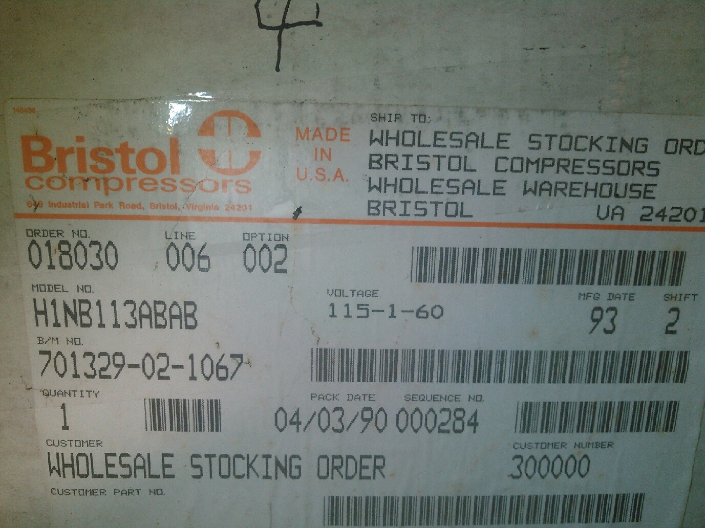 BRISTOL COMPRESSOR H1NB113ABAB /11000 BTU/115-1-60