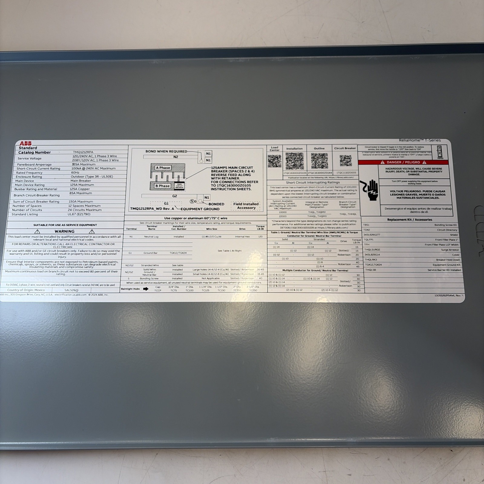 ABB 125 Amp 12 Space 24 Circuit Outdoor Main Breaker Panel Kit TMQ1212RPA