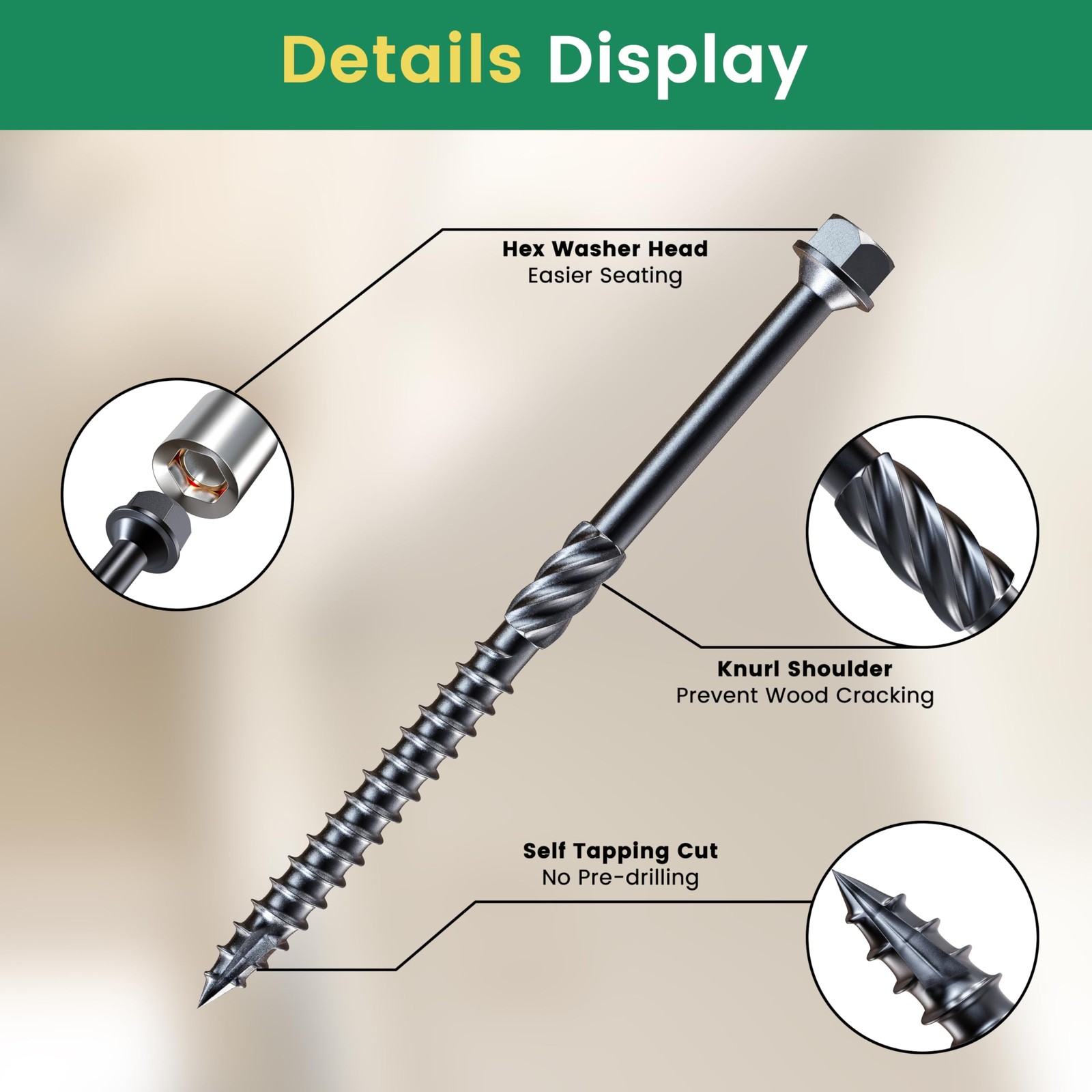 #14 x 4 Wood Structural Screws 50 Pcs, Exterior Hex-Head Lag Screws, Black He…
