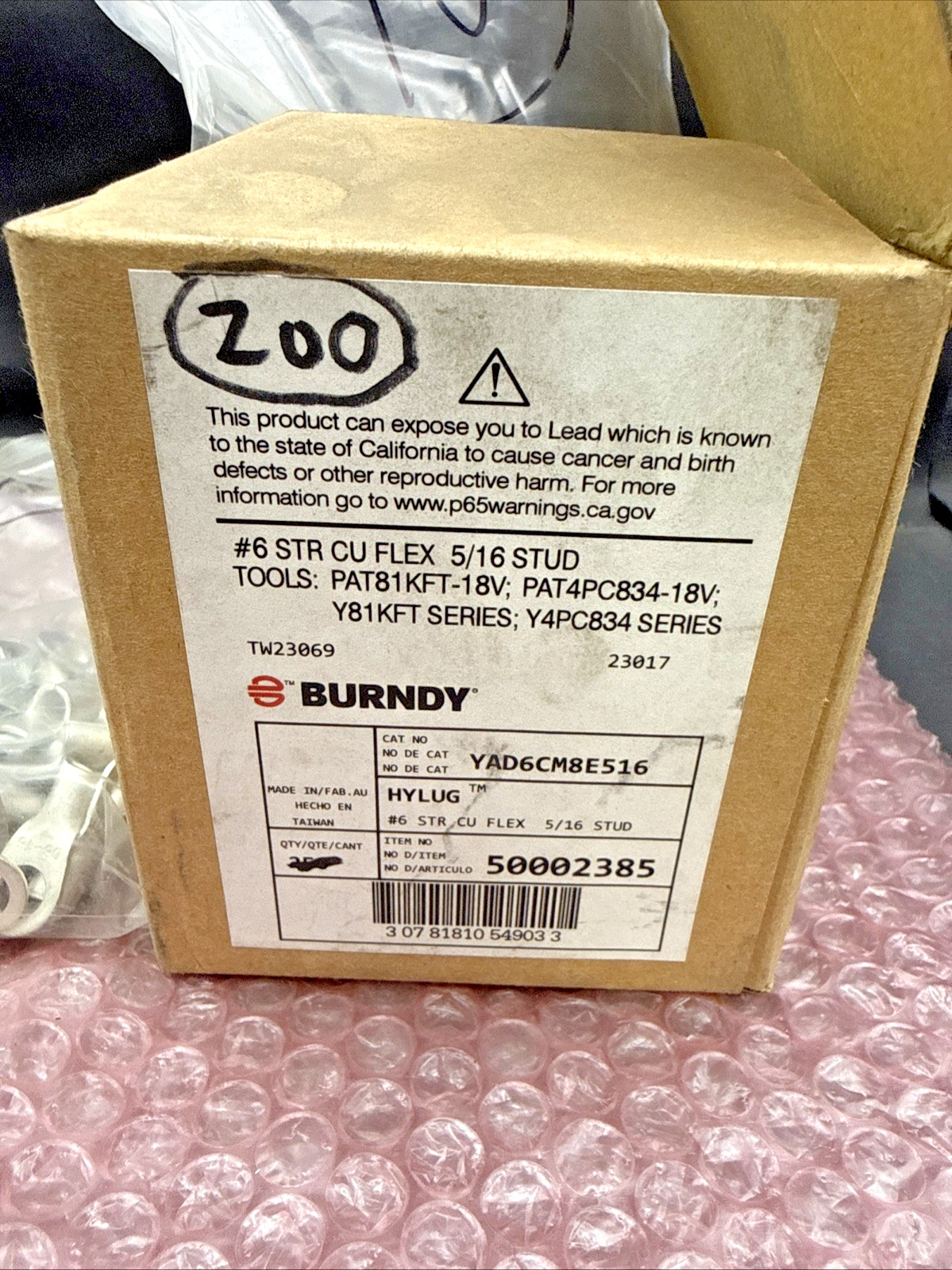 Burndy Ring Terminal YAD6CM8E516 #6 Str CU Flex 5/16″ Stud – Bulk Box of 200 NEW
