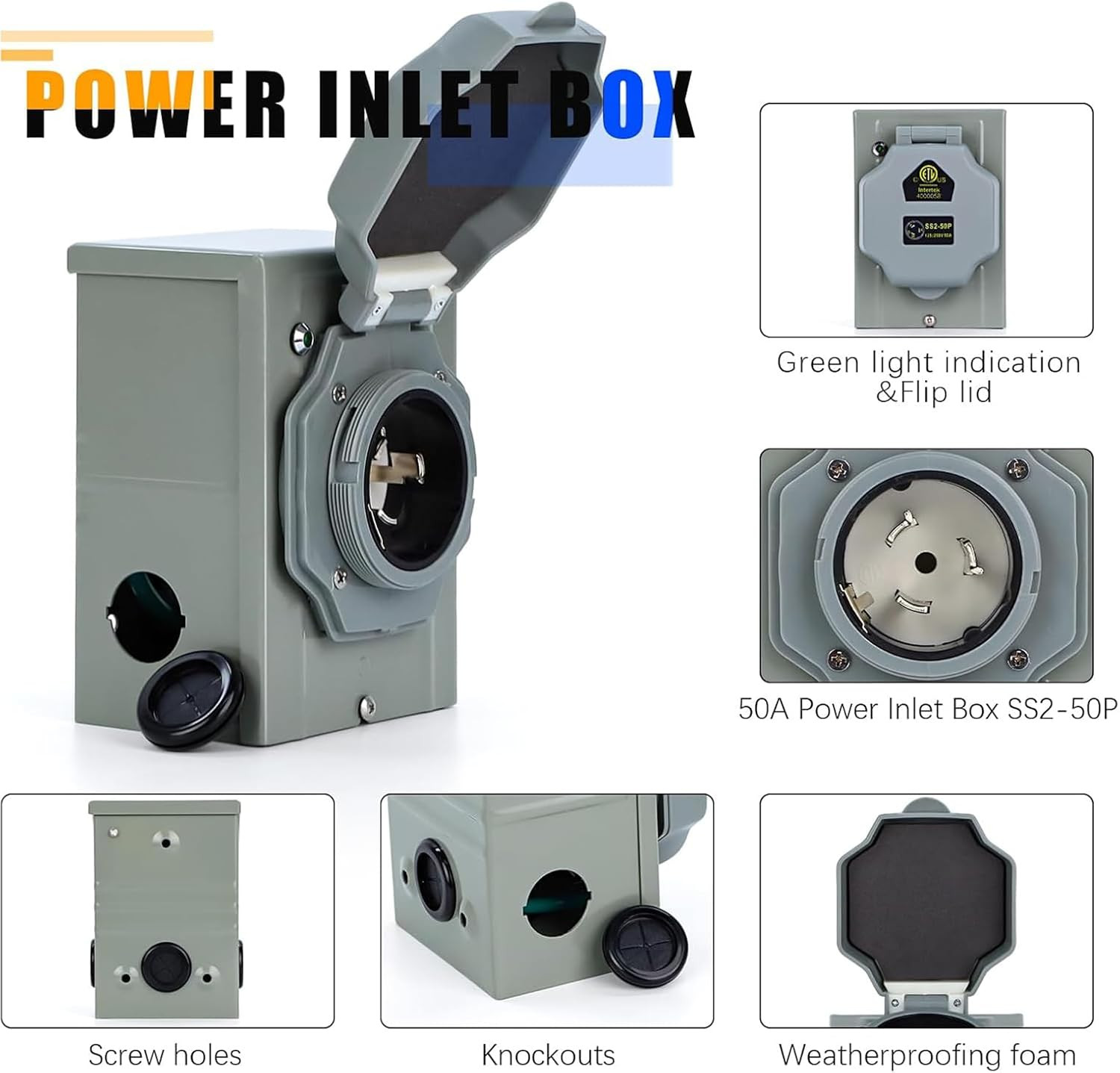 50FT 50 Amp Generator Cord & Waterproof Inlet Box Combo Kit, ETL Listed