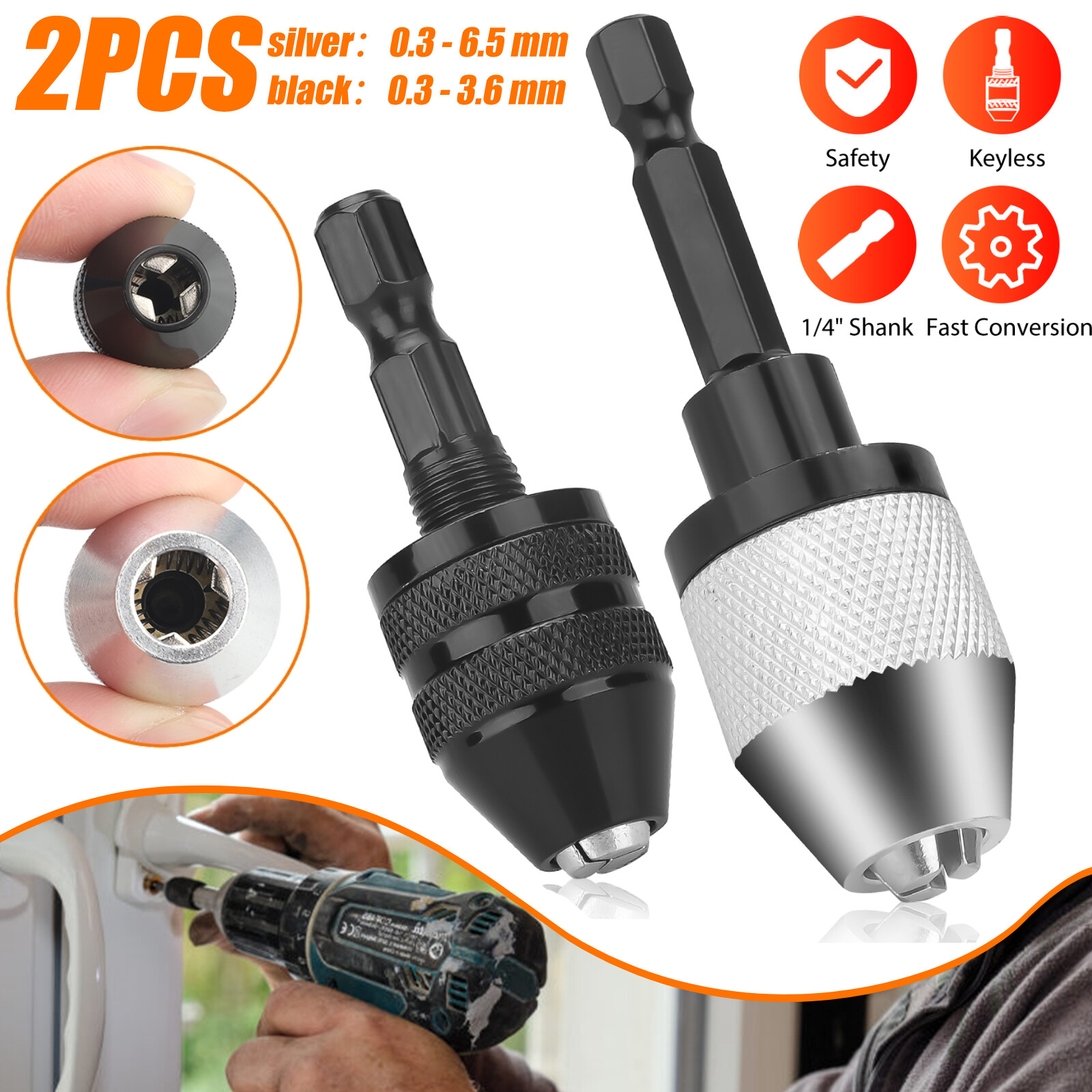 2x 1/4″ Hex Shank Keyless Drill Chuck Conversion Adapter Bit Quick Change Driver