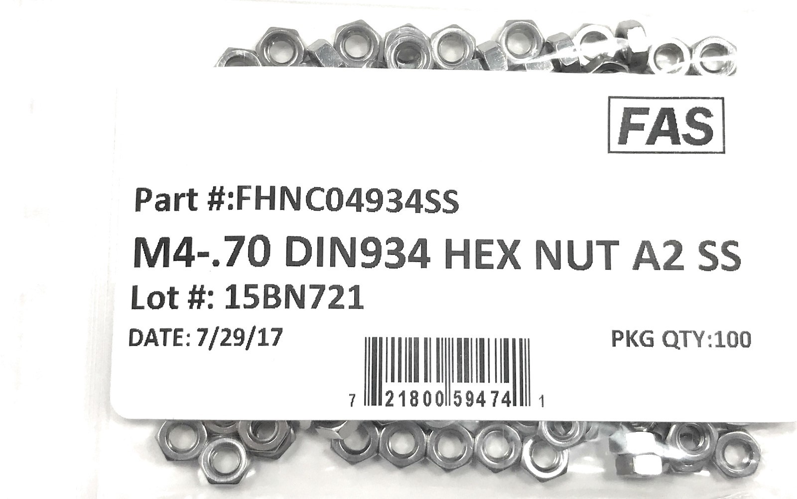 (100) M4-0.7 Stainless Steel DIN934 Metric Finished Hex Nut 4mmx0.7mm QTY:100