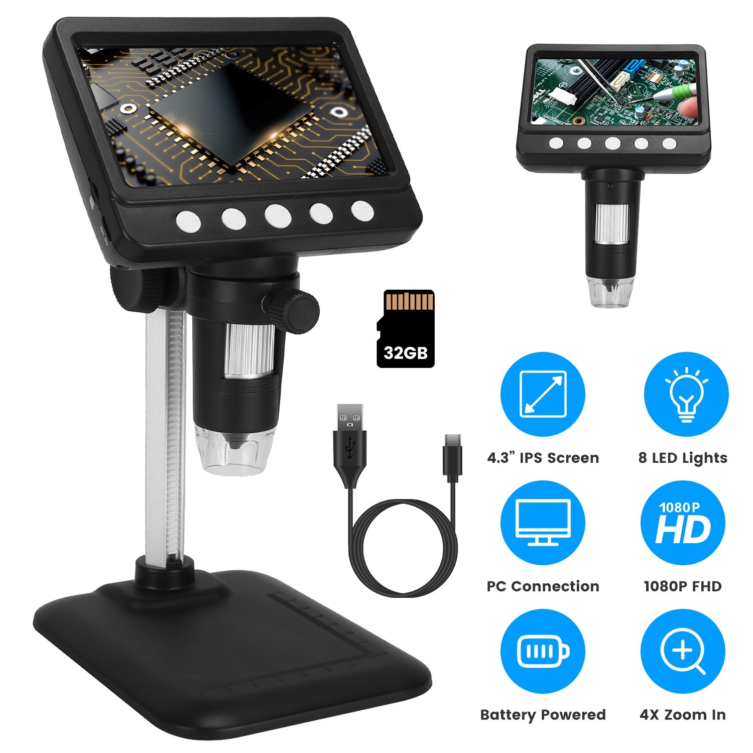 4.3In LCD Digital Microscope 1080P Photo Video Error Coin Magnifier LED Lights