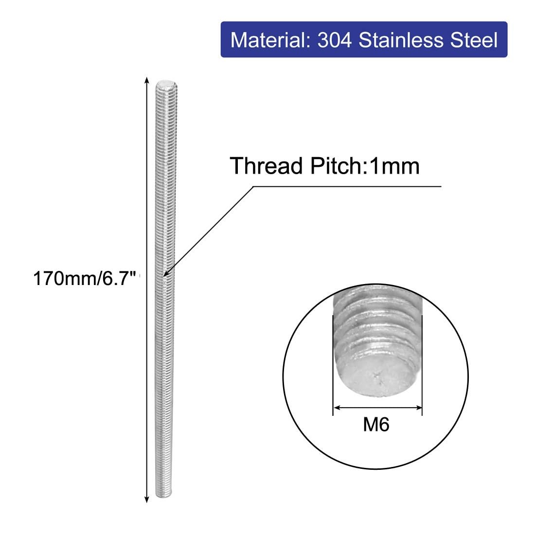 uxcell M6 x 170mm 304 Stainless Steel Fully Threaded Rod Bar Studs Fasteners 5 P