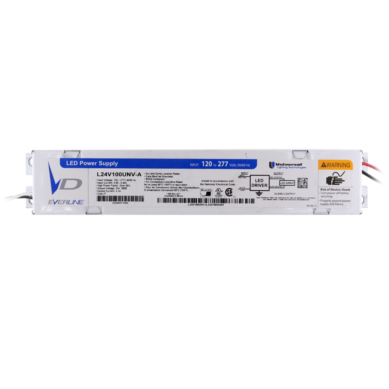 UNIVERSAL L24V100UNV-A NON-DIMMING LED DRIVER, 24VDC, 100W, 4.1A, 120-277VAC