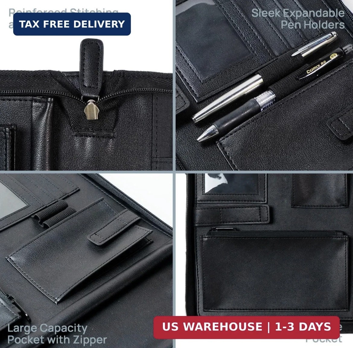 POPRUN Portfolio Binder with Zipper, Leather Padfolio Document Organizer with St