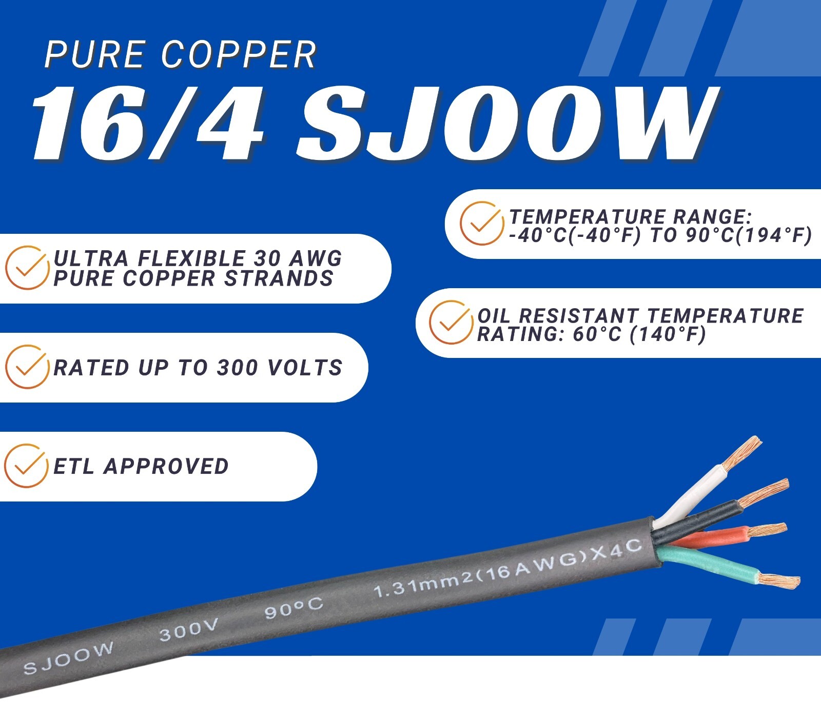 WindyNation 2-DAY SHIPPING 16/4 SJOOW Cable 16 Gauge 4 Conductor 300V Cable Wire