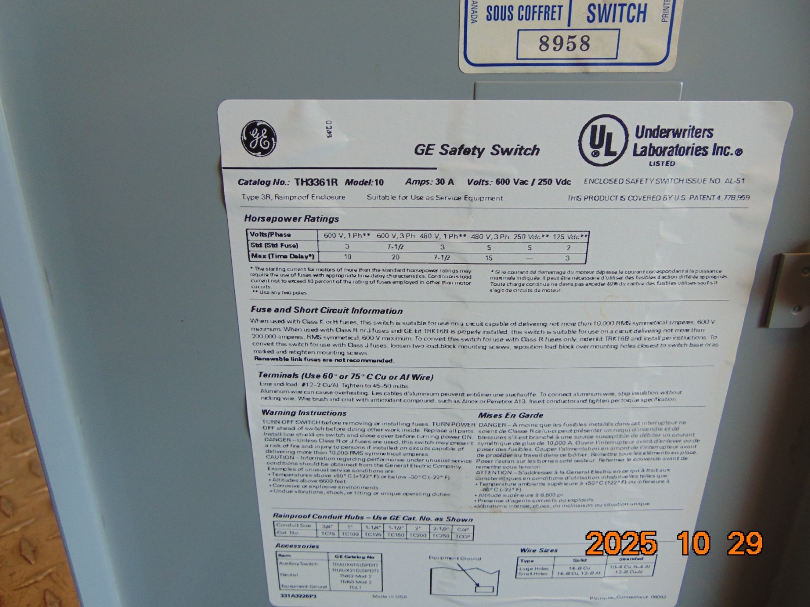 GE TH3361R MODEL 10 30A 30 AMP FUSIBLE SAFETY DISCONNECT SWITCH