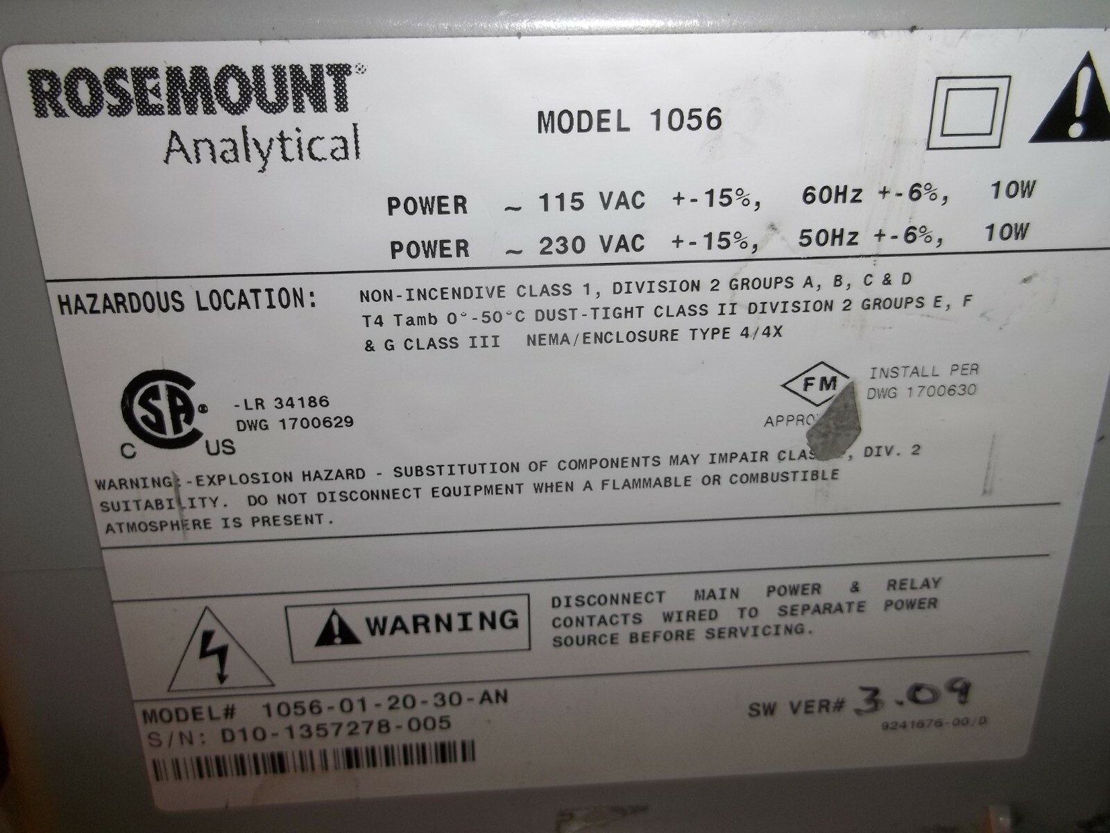 ROSEMOUNT ANALYTICAL 1056-01-20-30-AN INTELLIGENT ANALYZER SW VER 3.09 (GG5)