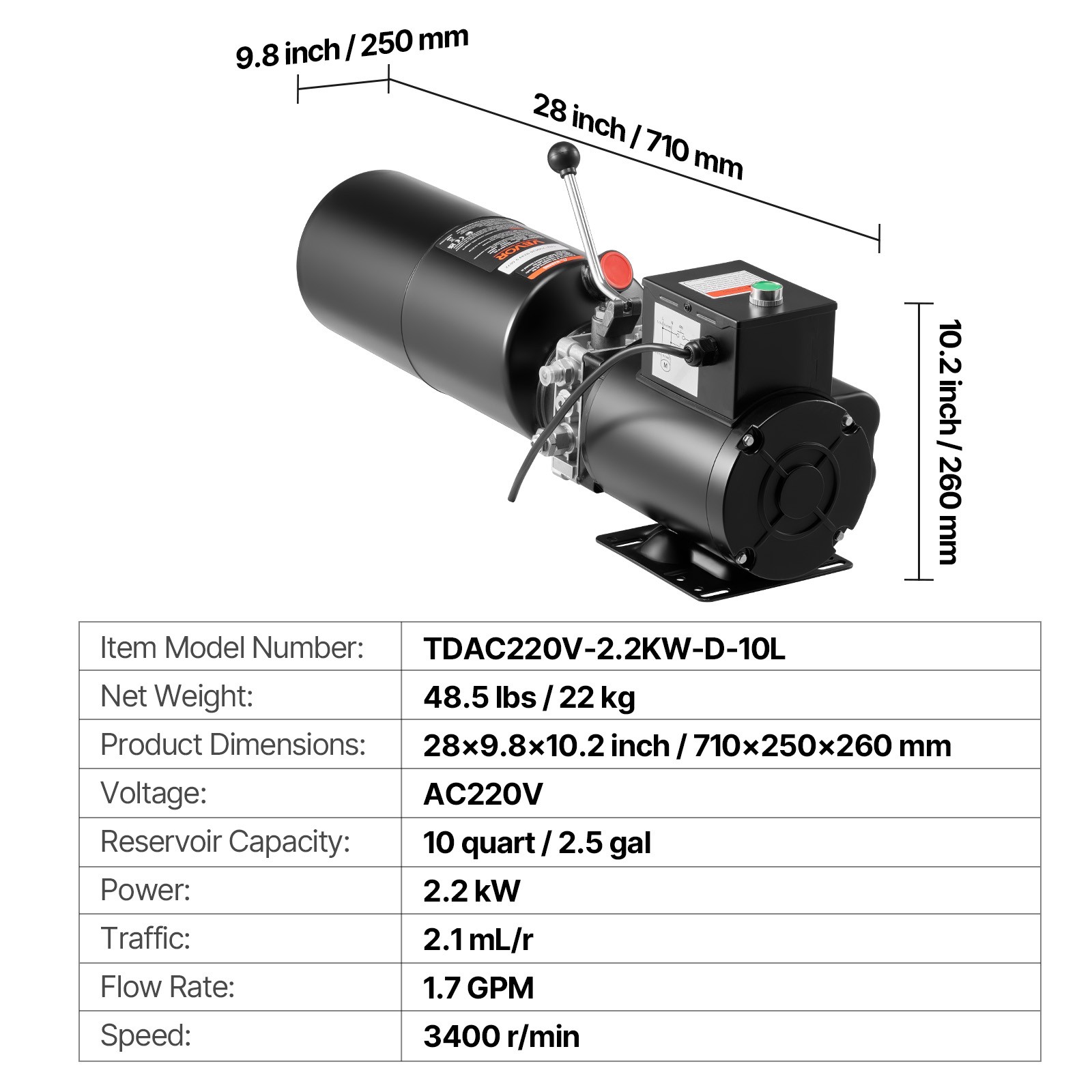 VEVOR Hydraulic Pump Power Unit AC 220V 10 Quart Single Acting Hydraulic Unit