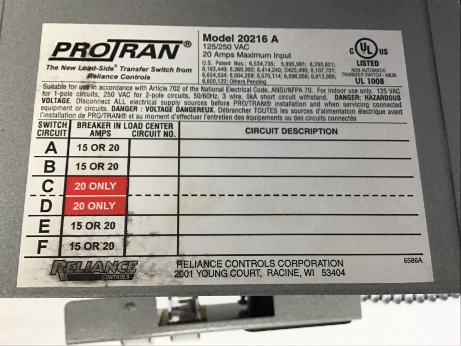 Reliance Controls ProTran 20216 A Manual Transerfer Switch Portable Generator