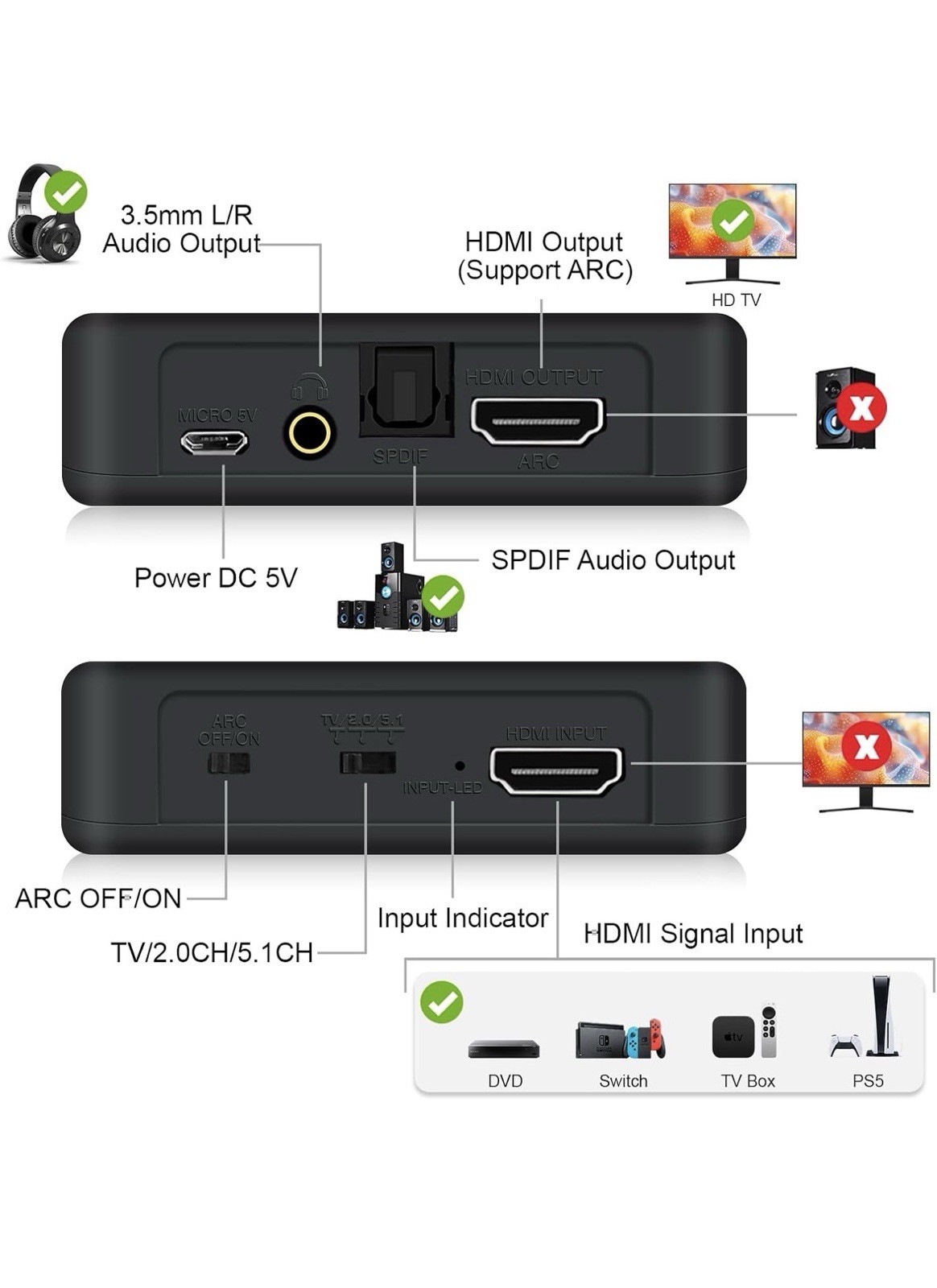 4K@60Hz HDMI 2.0b Audio Extractor Converter Adapter Splitter, HDMI eARC/ARC +…