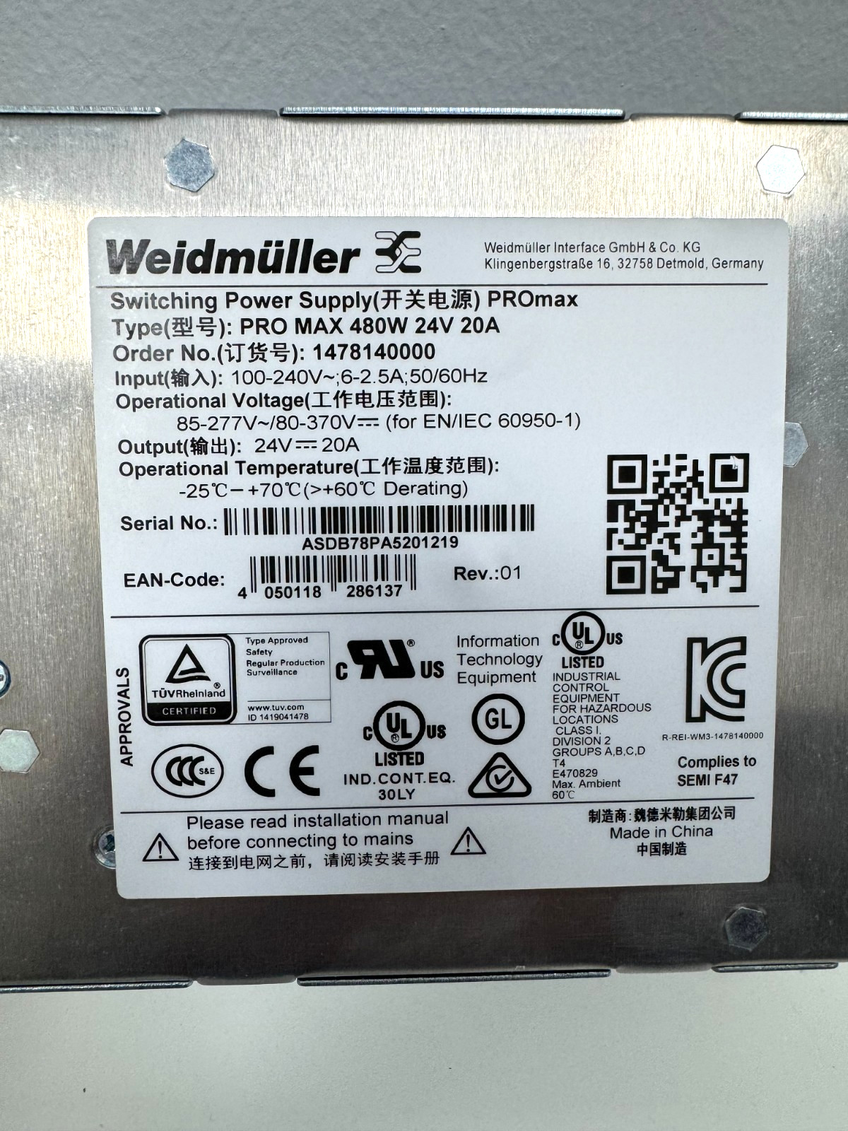 Weidmuller 1478140000 PRO MAX 480W 24V 20A DIN Rail Power Supply New Open Box