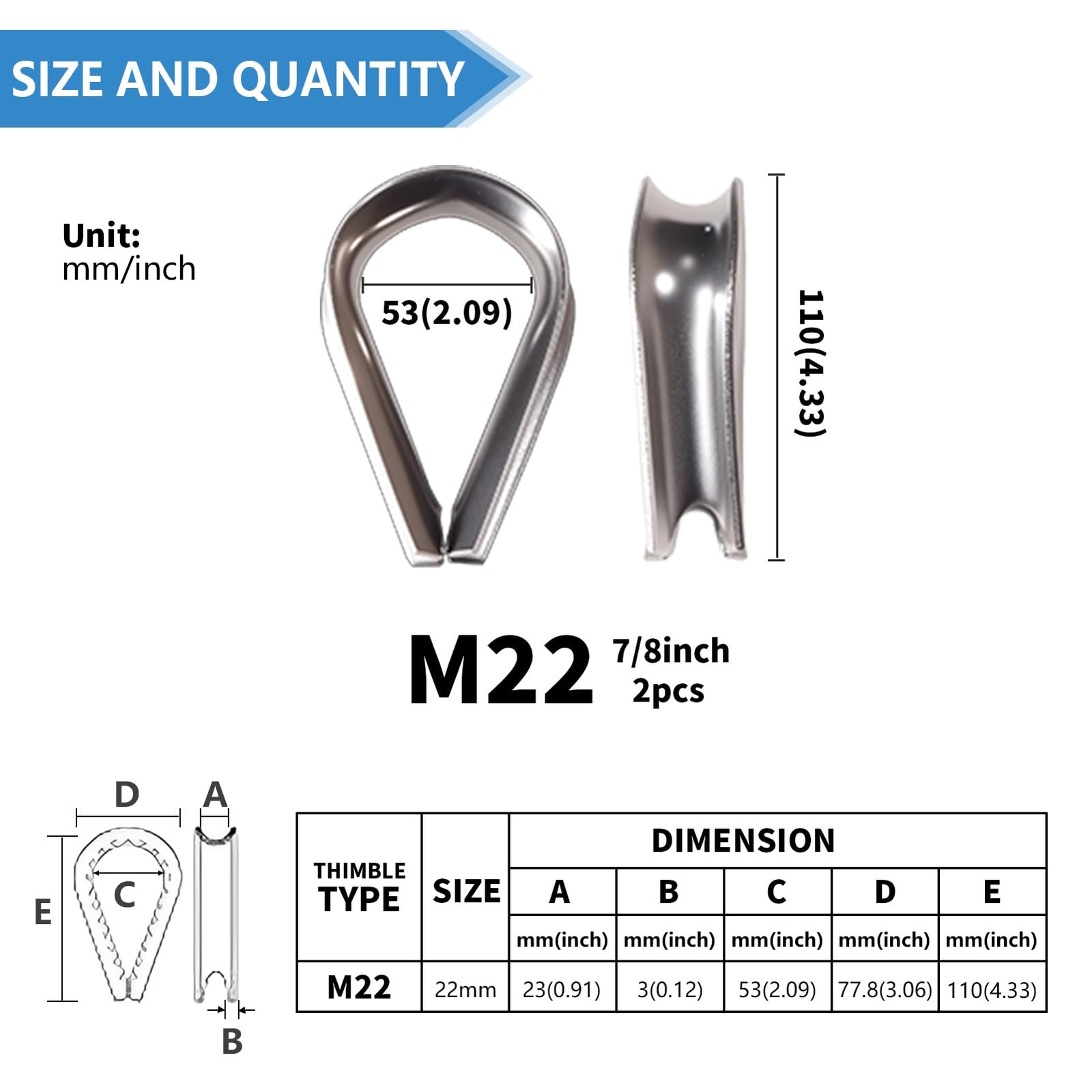 RABECH 7/8″ Wire Rope Thimble M22 Stainless Steel Pack of 2