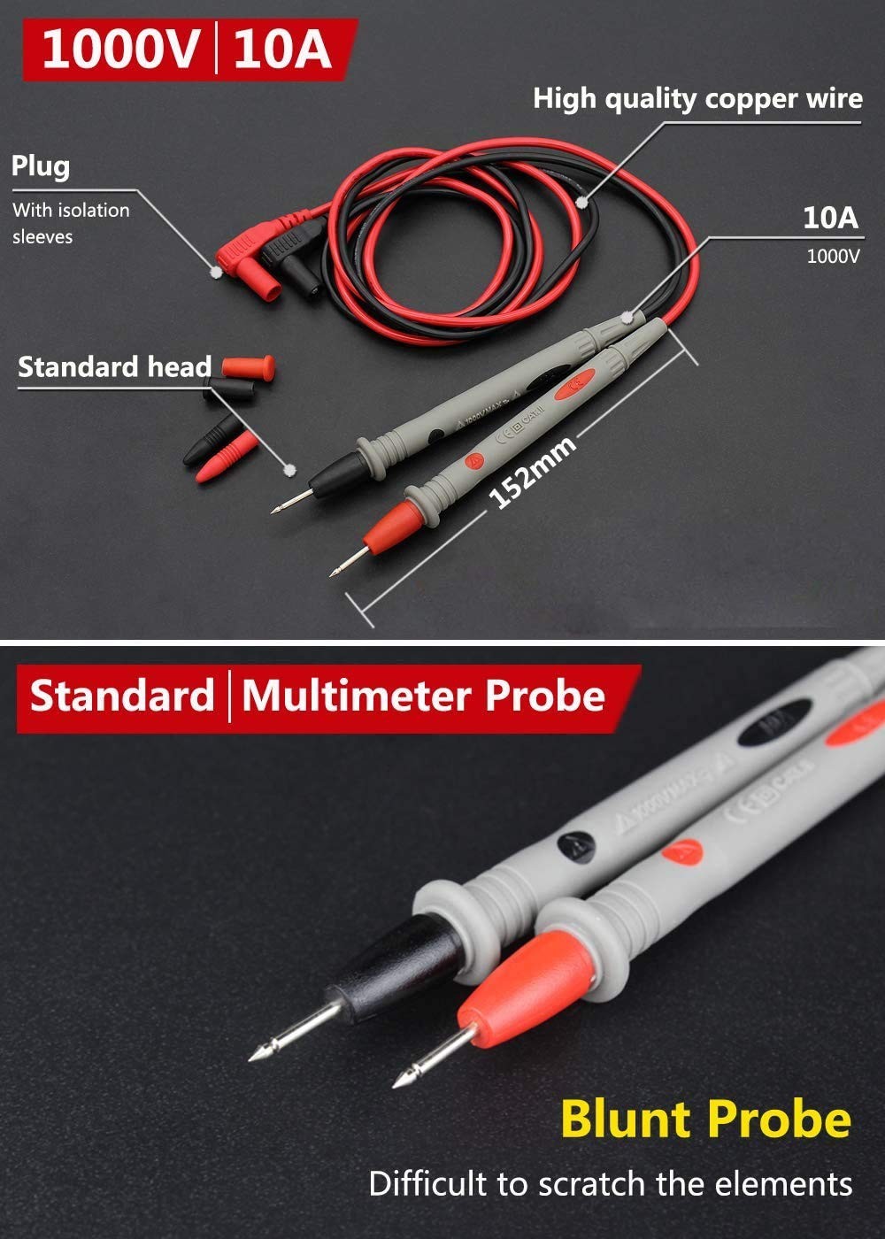 Multimeter Leads with Gold-Plated Tips – CAT III 1000V Performance