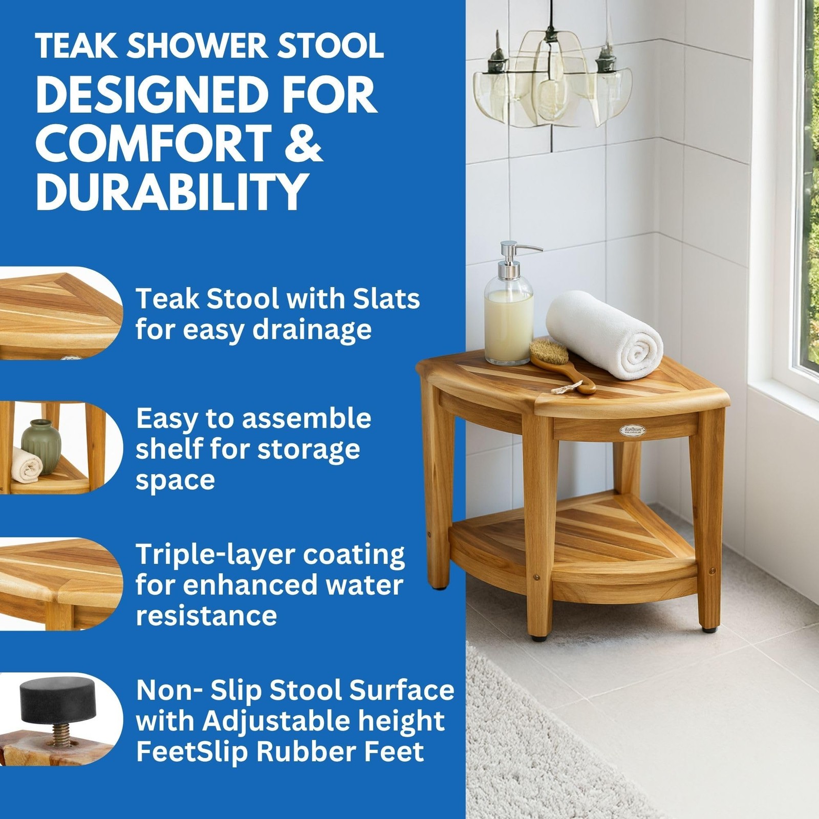 EcoDecors ED974 Corner Teak Shower Bench with Shelf 350 lb Capacity Tool-Free