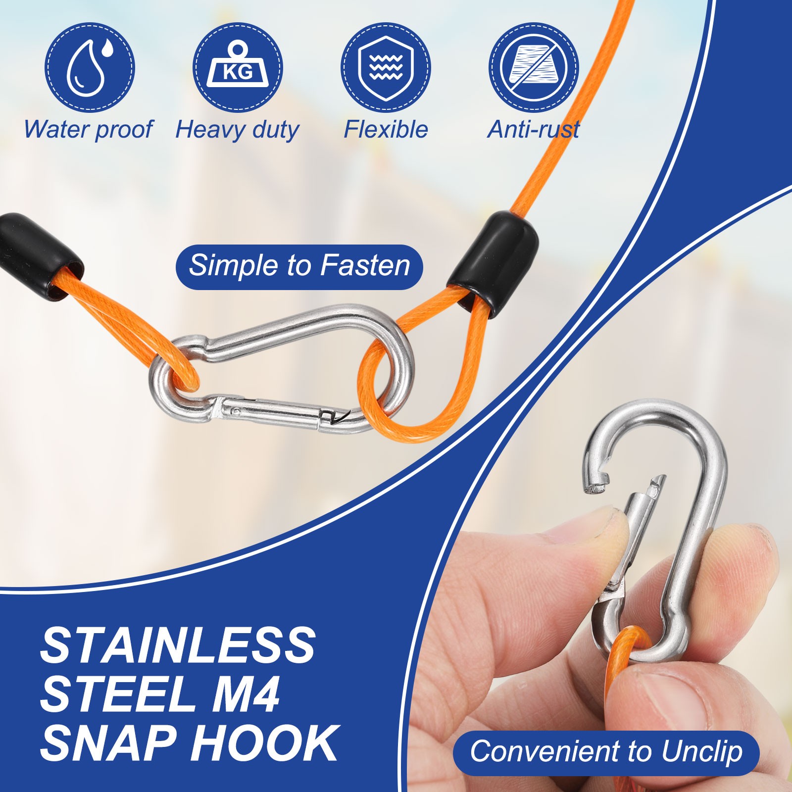 1Pcs 4.9ft (59.1″) Security Steel Cable with Snap Hook for Travel, Clear Orange