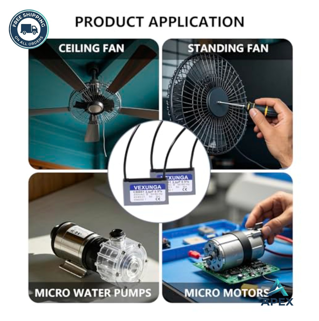 Ceiling Fan Capacitor CBB61 3.5uF 450VAC 2 Wire 50/60Hz Replacement for Fans