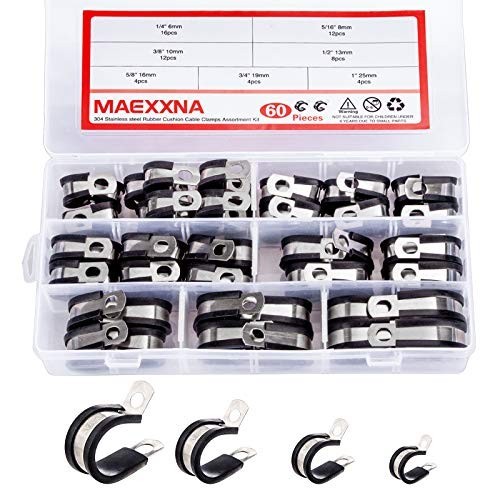 60pcs Stainless Steel Wire Clamps Assortment Kit 7 Sizes 1/4 to 1 Inch Rubber