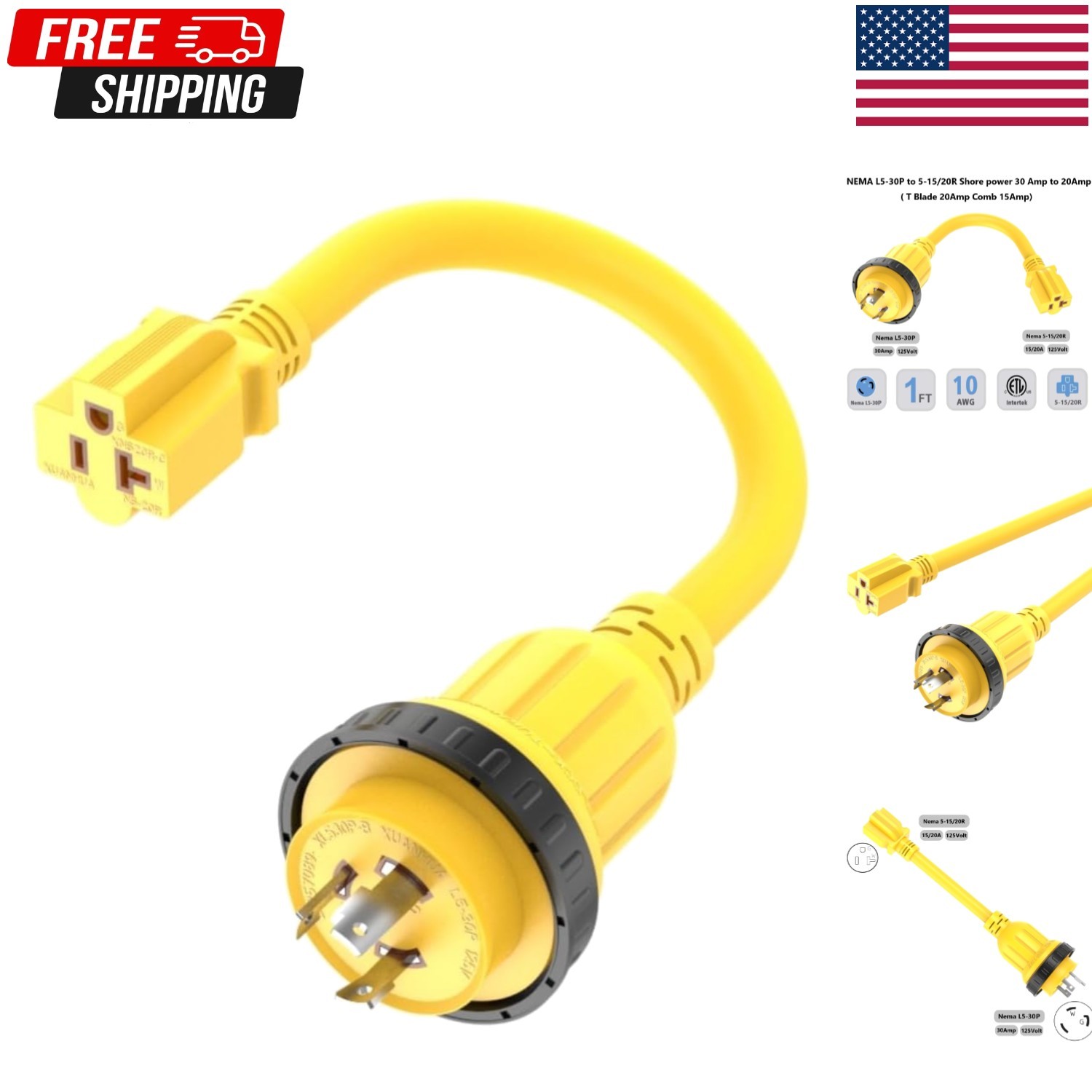 30 Amp L5-30P to 15 Amp 5-15R Marine Shore Power Cord Adapter Pigtail RV Boat