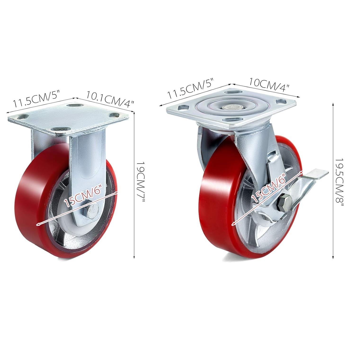 4-Pack 6″ Casters – 2 Rigid & 2 Swivel with Side Brake, 4000lbs Capacity