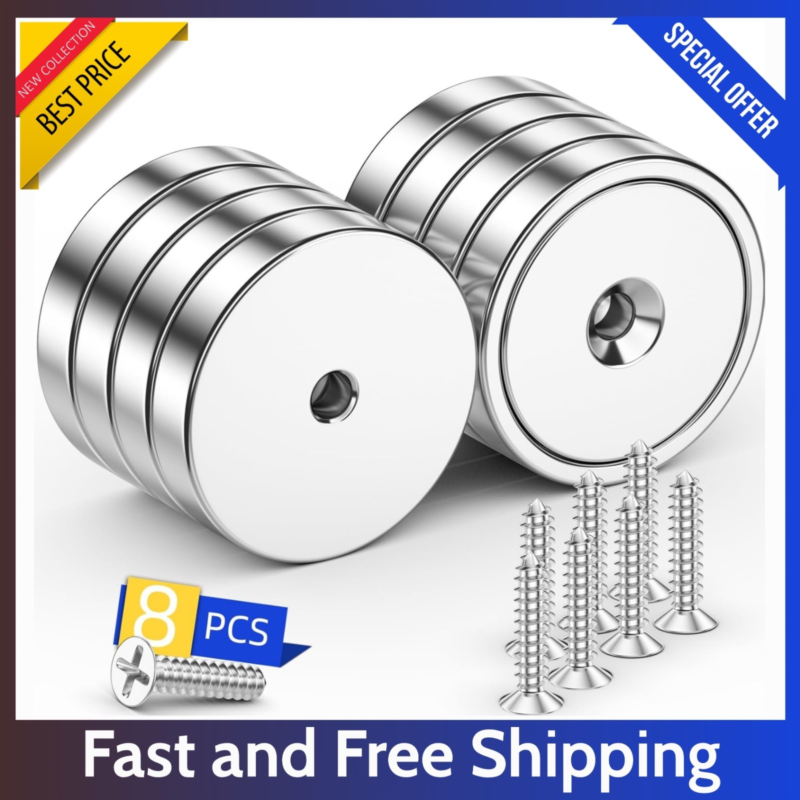 8 Pack 100LBS Neodymium Cup Magnets – Heavy Duty with Countersunk Hole & Screws.