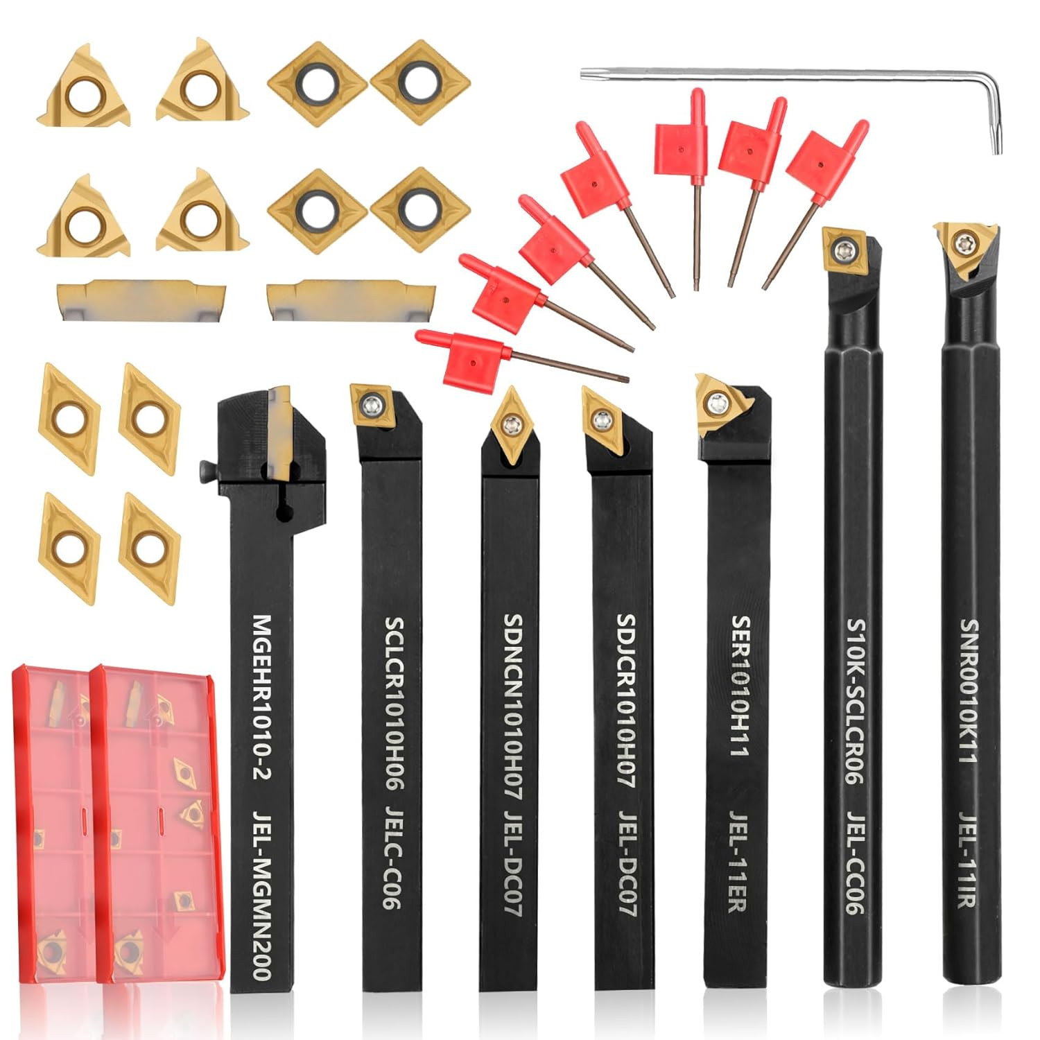 Indexable Lathe Turning Tool 21Pcs Kit 3/8» 10Mm Shank 7Pcs Metal Lathe Tool