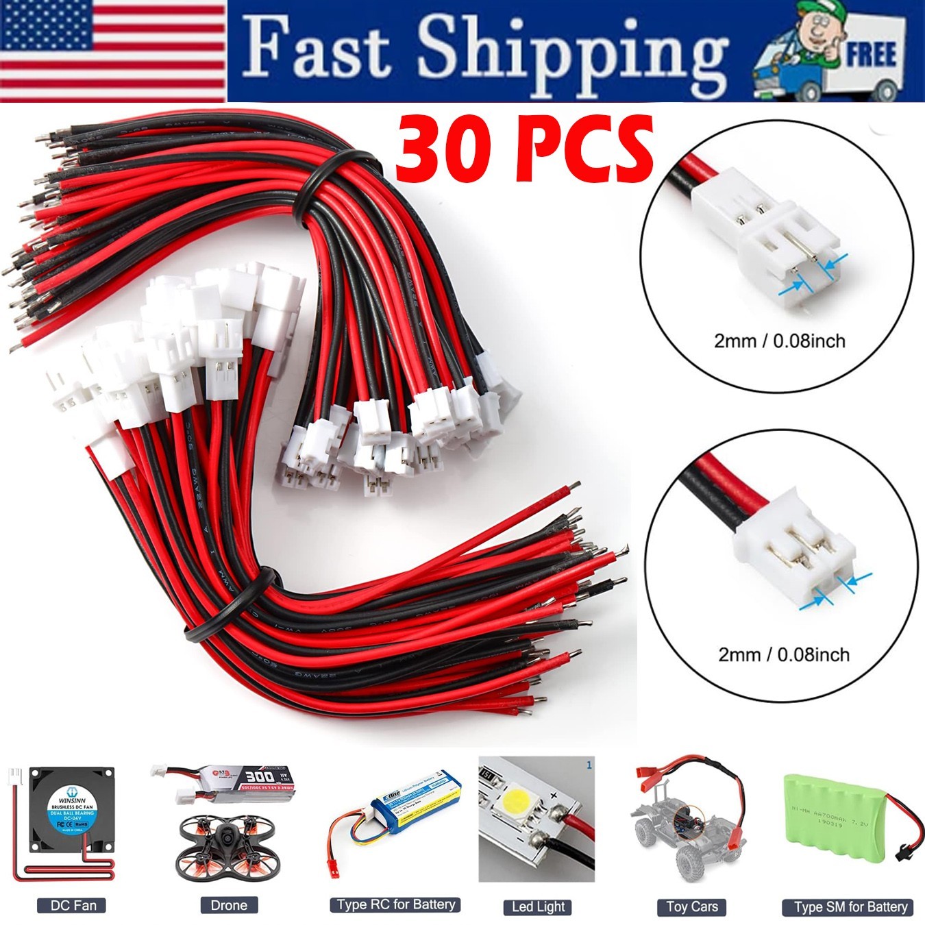 30 Pairs Jst PH 2.0 mm 22AWG 2Pin Pitch Plug Connector for UL1007 Tinned Copper