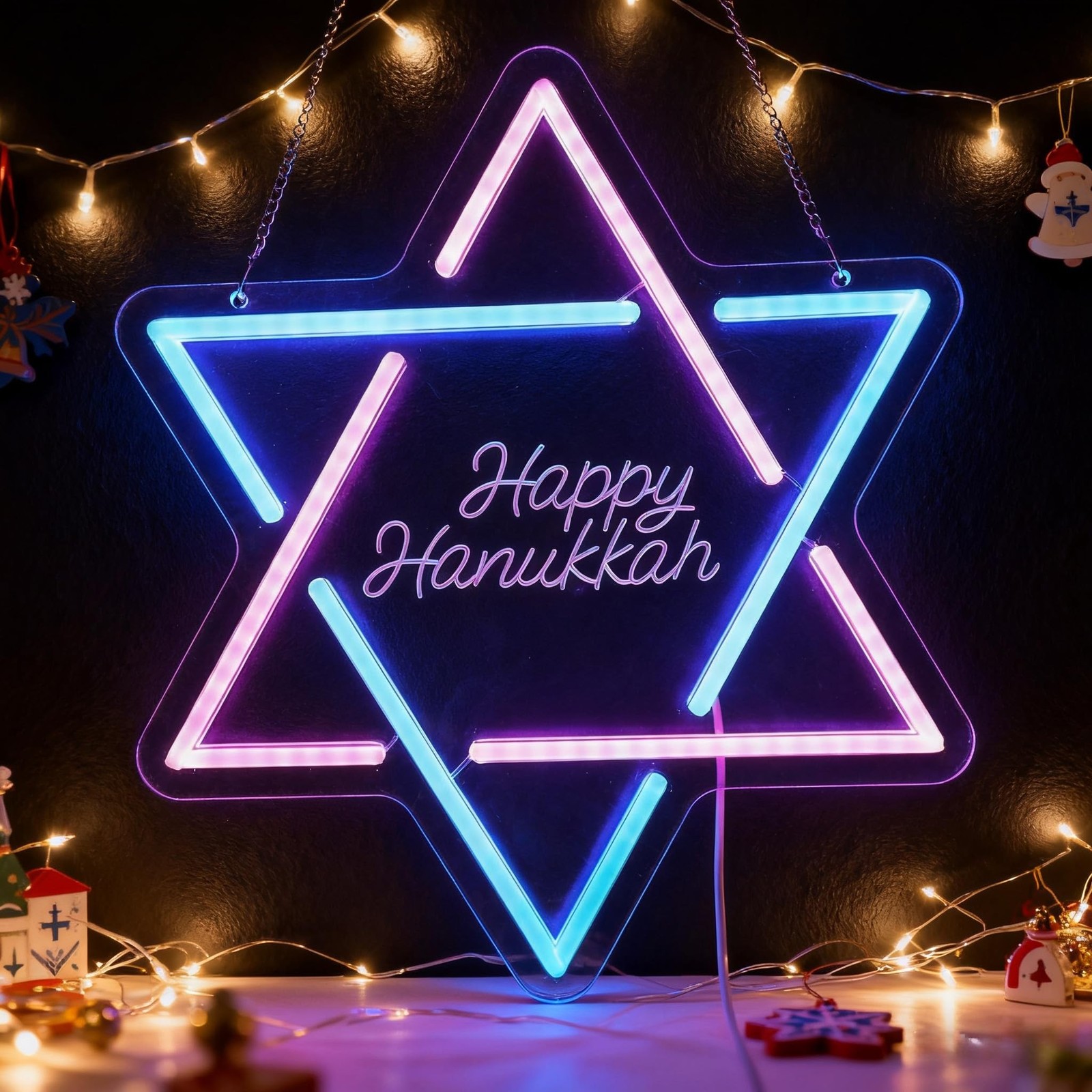 Hanukkah Neon Sign, | David Star Pink Blue Gradient LED Light with ‘Happy Han…